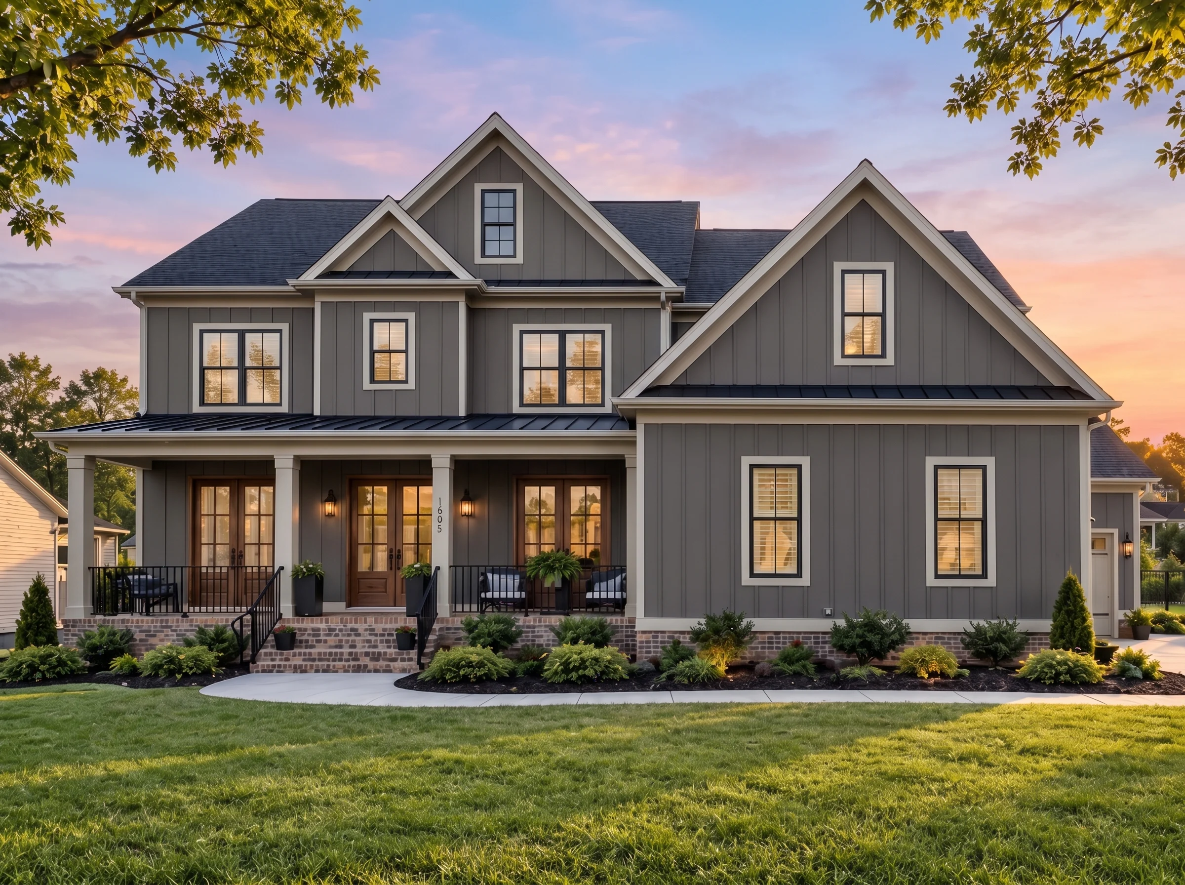 Plan  19-1190B – Auburn Field Homestead | New American – 5-Bed, 5-Bath, 3,921 SF - Warm Charcoal, AI-generated exterior concept