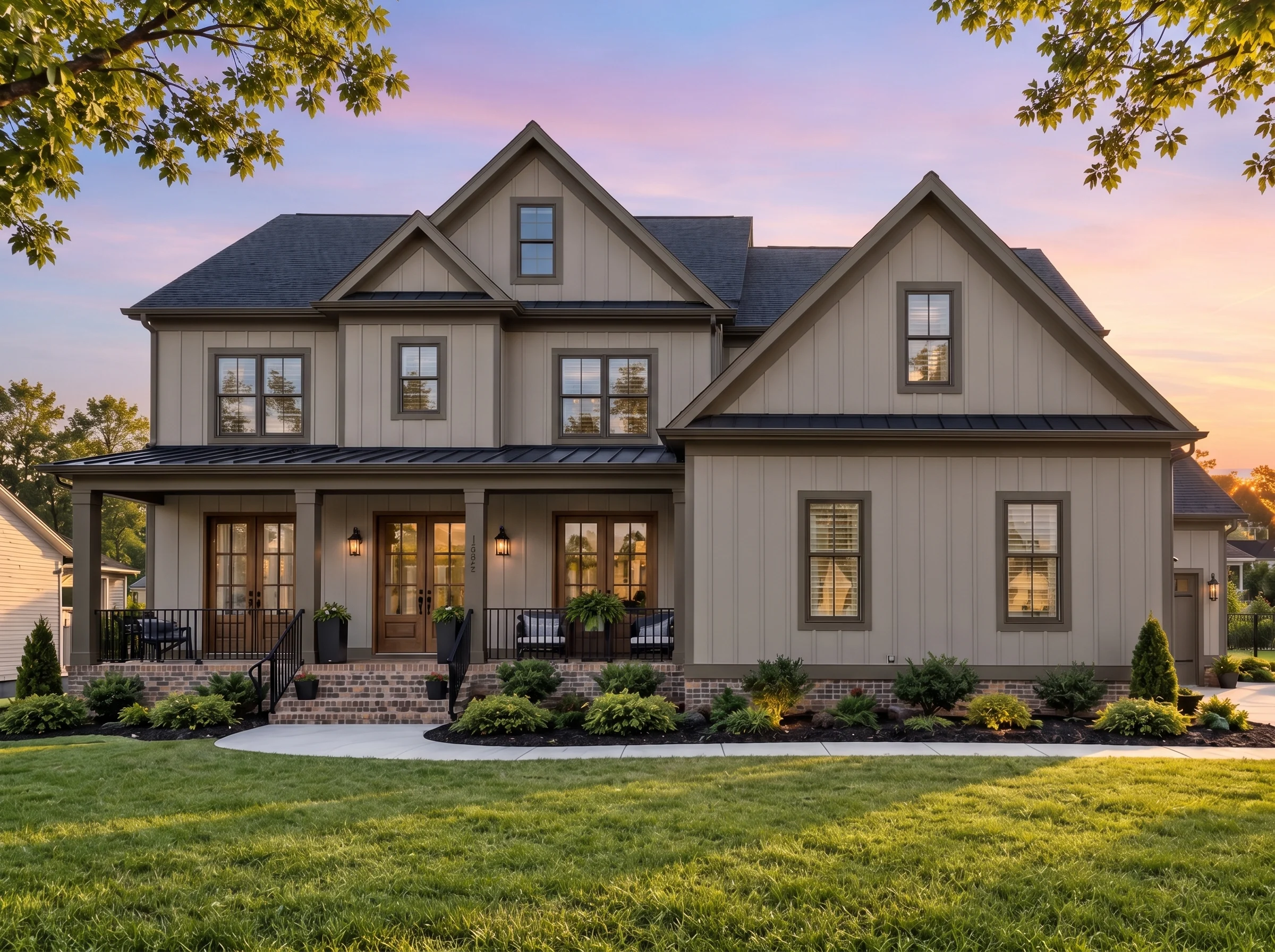 Plan  19-1190B – Auburn Field Homestead | New American – 5-Bed, 5-Bath, 3,921 SF - Mushroom Taupe, AI-generated exterior concept