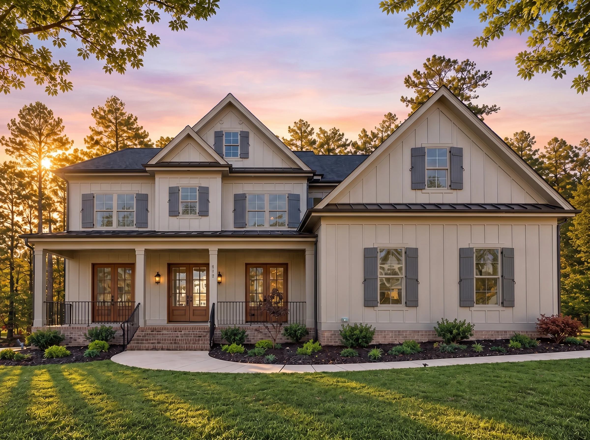 Plan  19-1190 – Indiana River |  Modern Farmhouse – 5-Bed, 4.5-Bath, 3,980 SF - Mushroom Taupe, AI-generated exterior concept