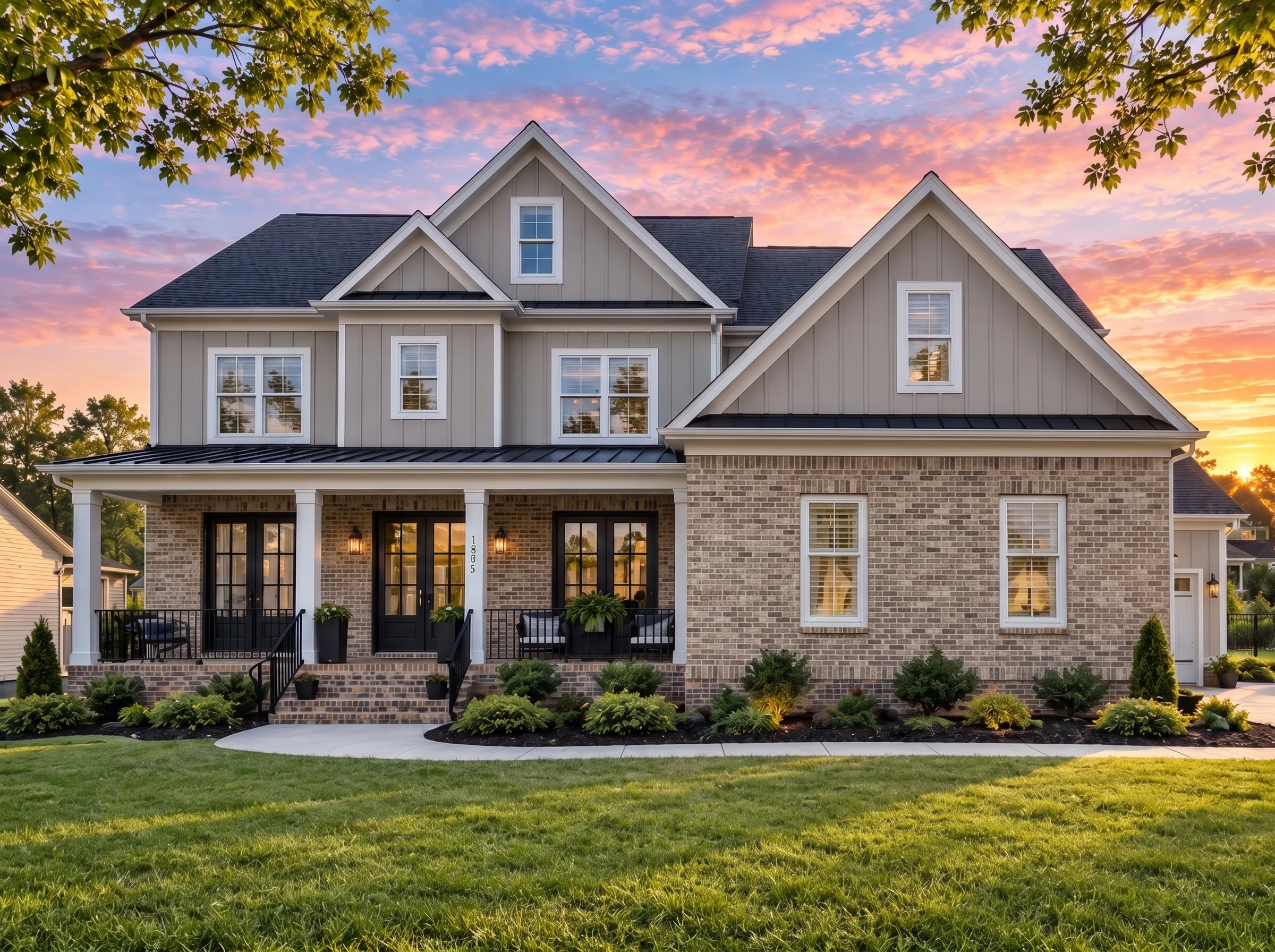 Plan  19-1190B – Auburn Field Homestead | New American – 5-Bed, 5-Bath, 3,921 SF - Natural Brick, AI-generated exterior concept