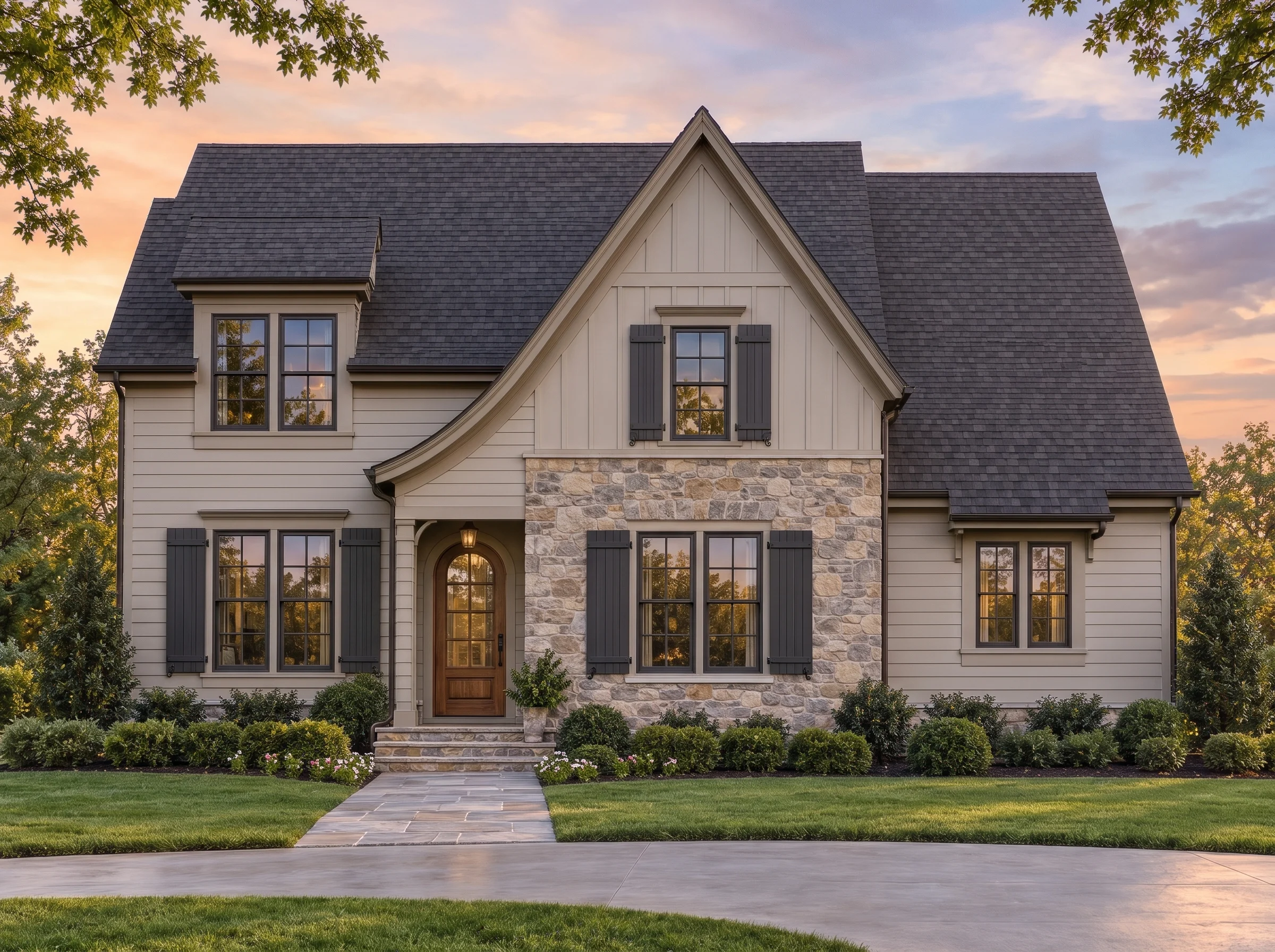 Plan  19-1449 – SafeHouseAnchor |  European Cottage – 4-Bed, 3.5-Bath, 2,797 SF - Mushroom Taupe, AI-generated exterior concept