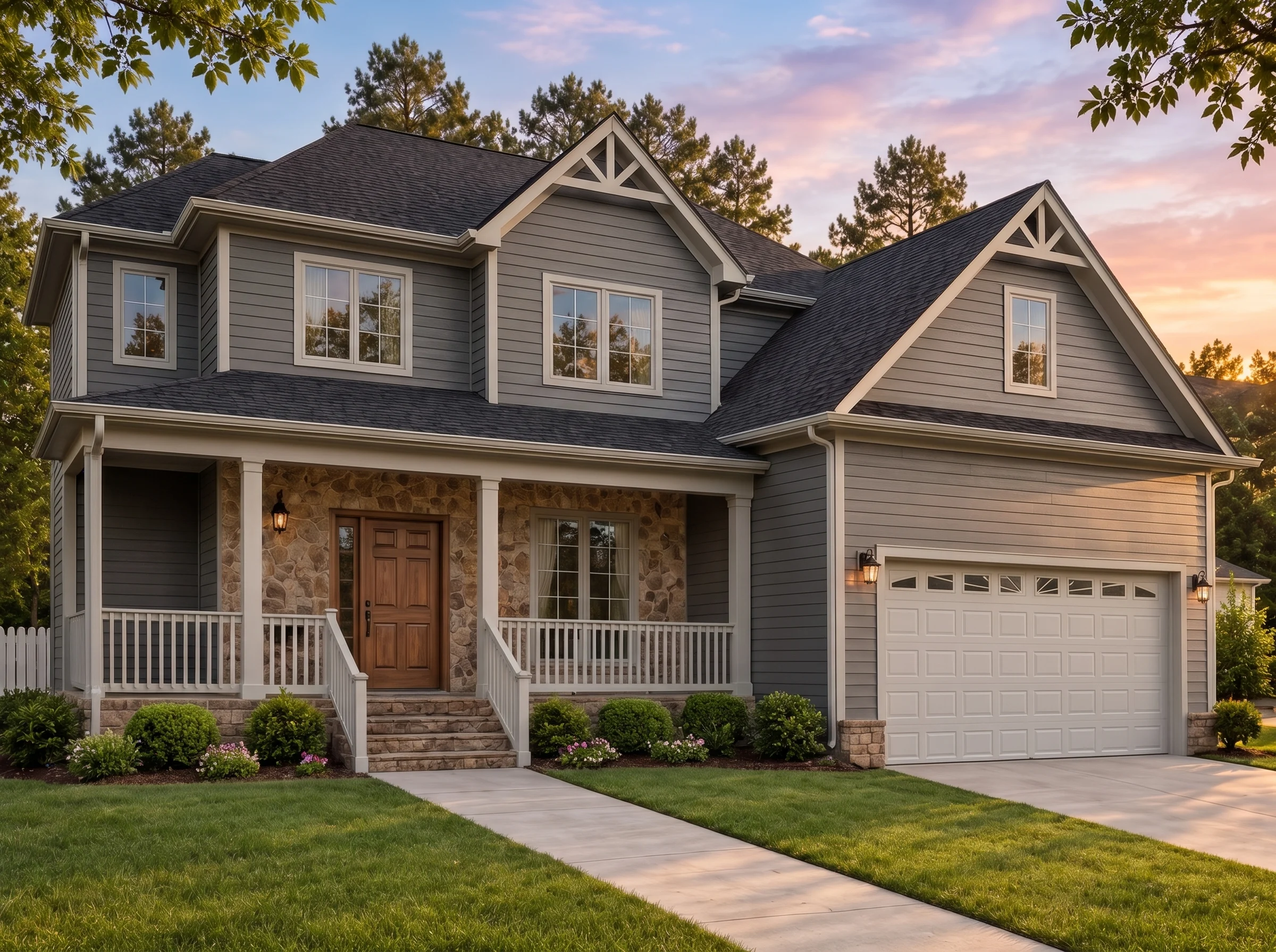 Plan  19-1455 – Auburn Glen Chalet |  New American – 4-Bed, 3.5-Bath, 2,153 SF - Warm Charcoal, AI-generated exterior concept