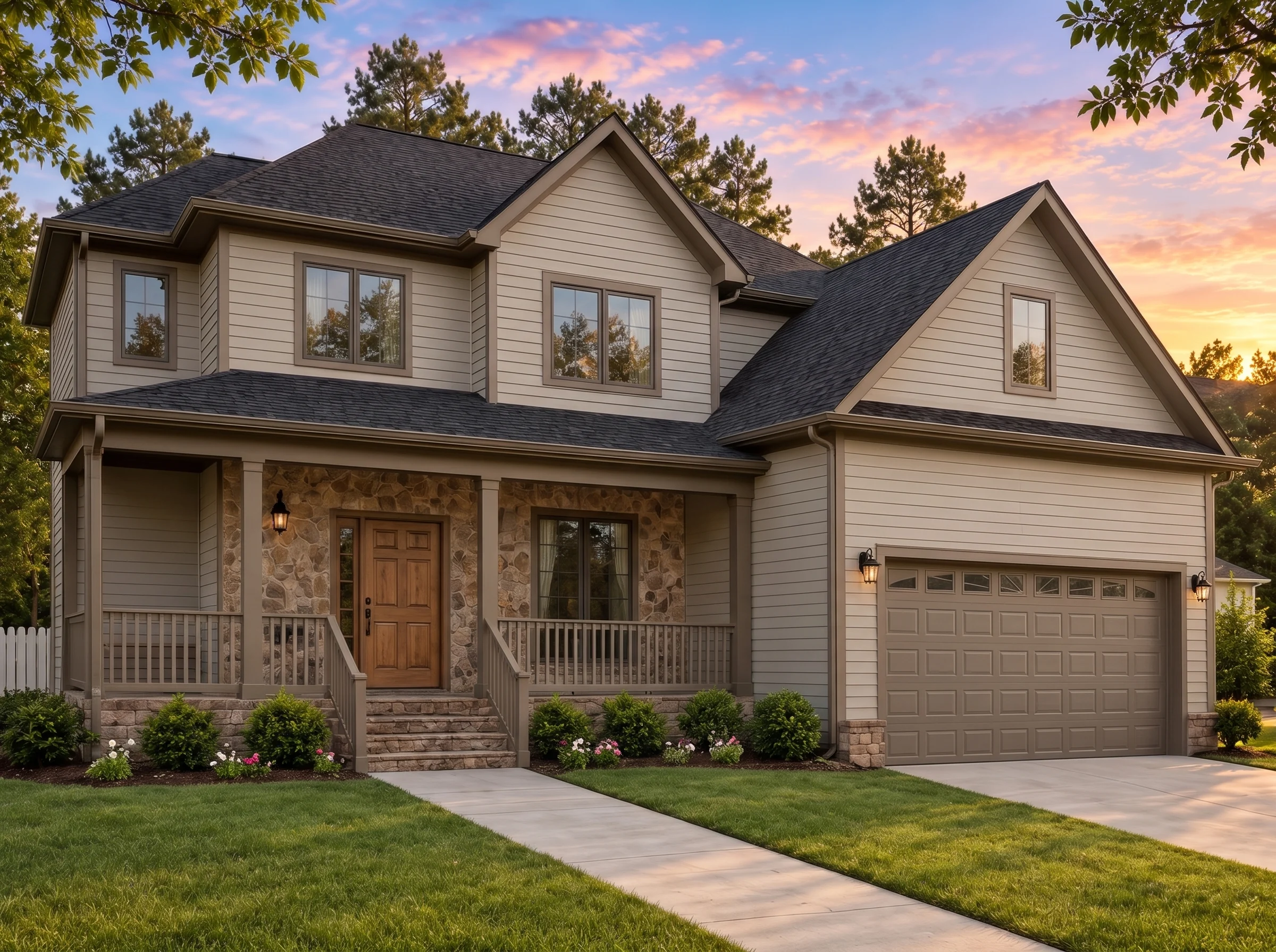 Plan  19-1455 – Auburn Glen Chalet |  New American – 4-Bed, 3.5-Bath, 2,153 SF - Mushroom Taupe, AI-generated exterior concept