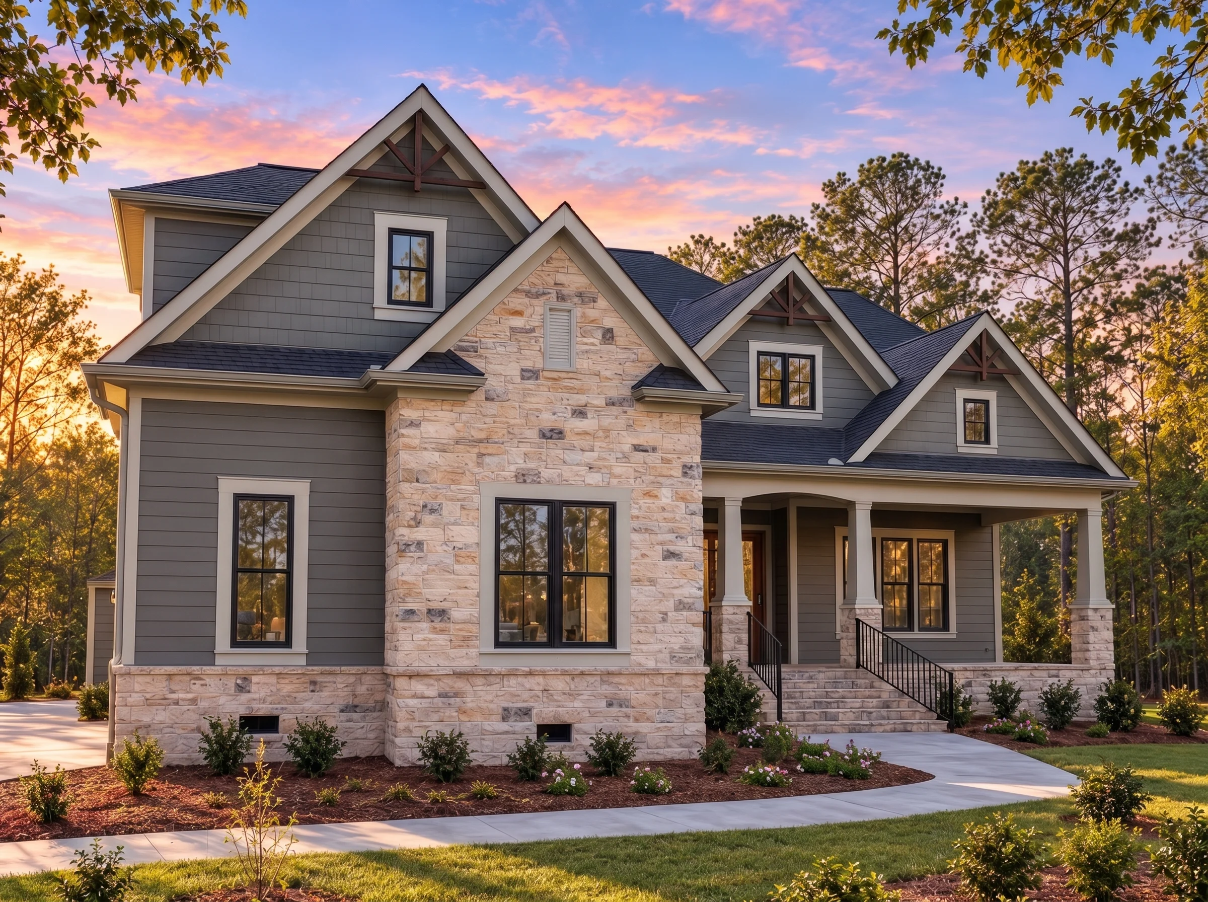 Plan  19-1398 – Auburn Brook Farm |  New American – 4-Bed, 3.5-Bath, 2,826 SF - Warm Charcoal, AI-generated exterior concept