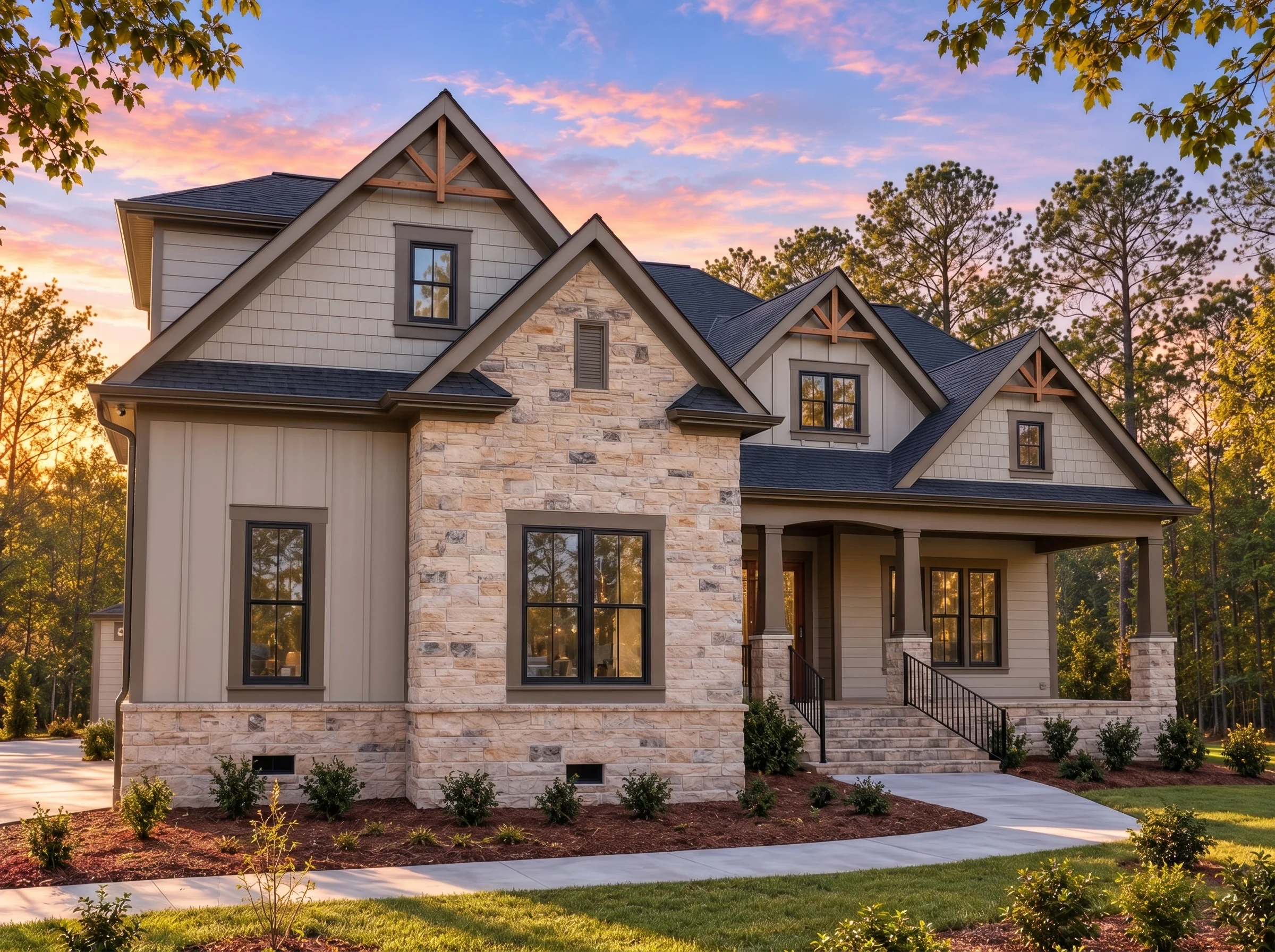 Plan  19-1398 – Auburn Brook Farm |  New American – 4-Bed, 3.5-Bath, 2,826 SF - Mushroom Taupe, AI-generated exterior concept