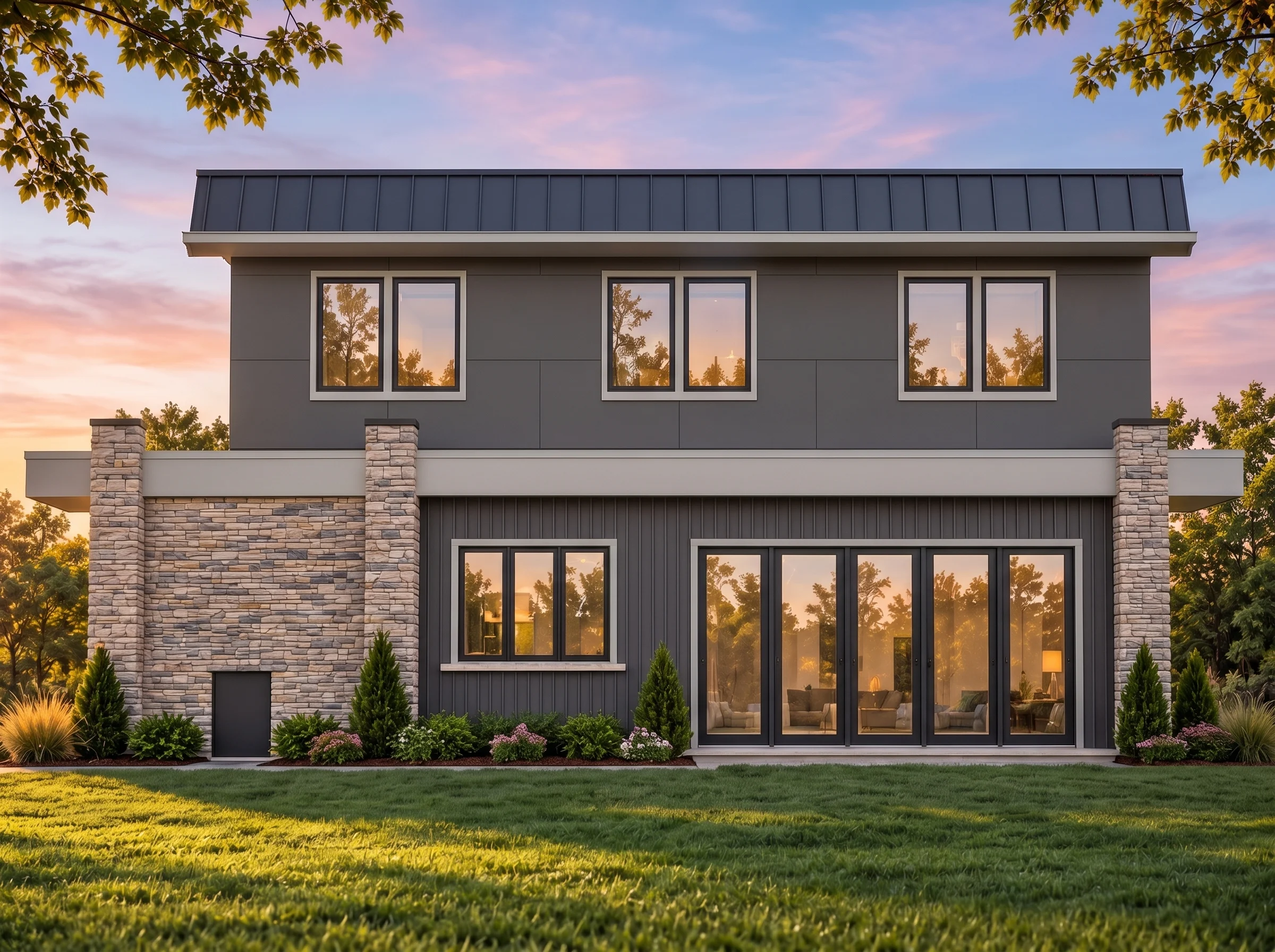 Plan  19-1382 – Aster Willow Cottage  | Contemporary Pool Guest House – 4-Bed, 2-Bath, 1,184 SF - Warm Charcoal, AI-generated exterior concept