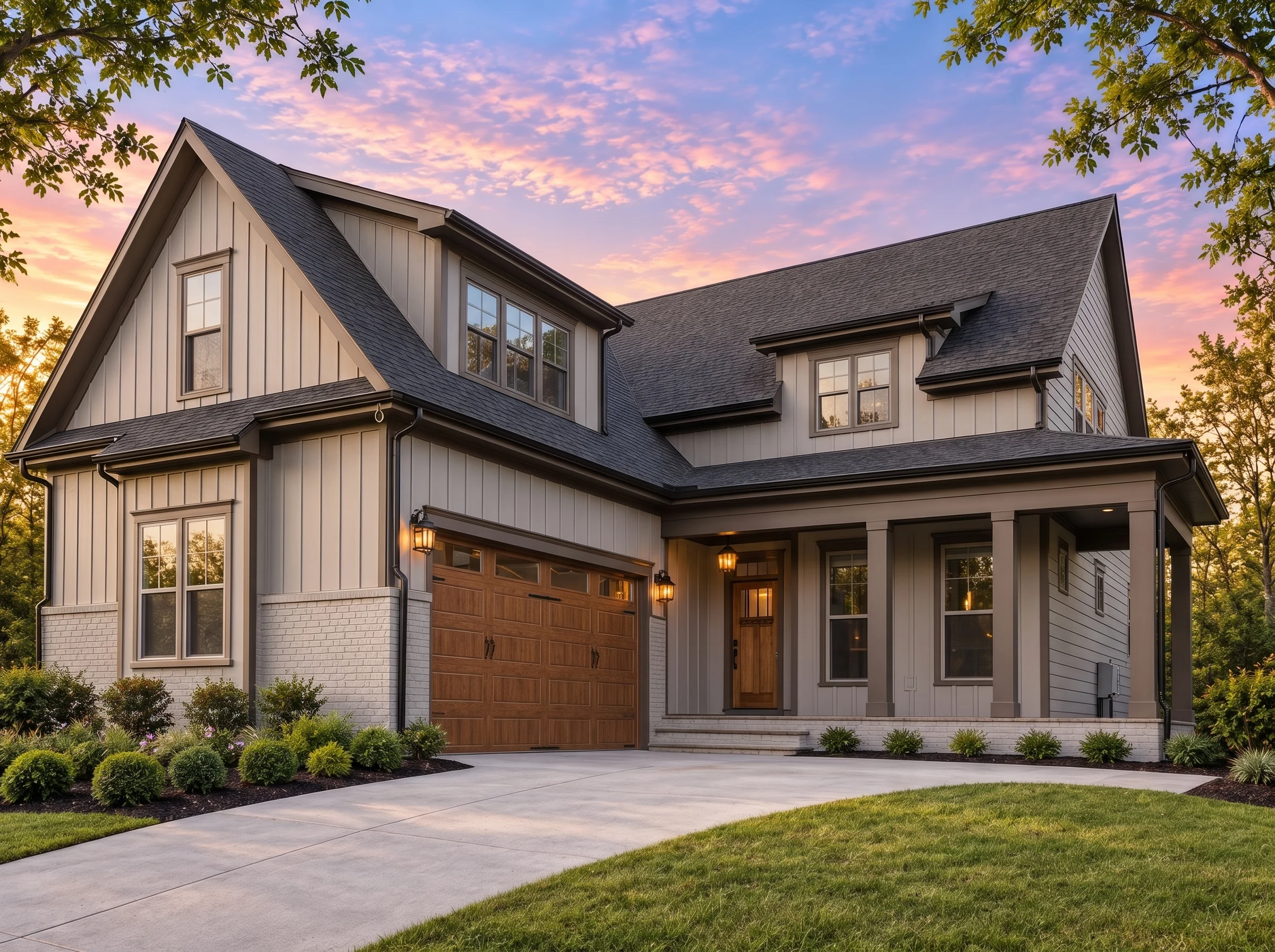 Plan  19-1246B – Edwards Walk | New  American – 5-Bed, 5-Bath, 4,103 SF - Mushroom Taupe, AI-generated exterior concept