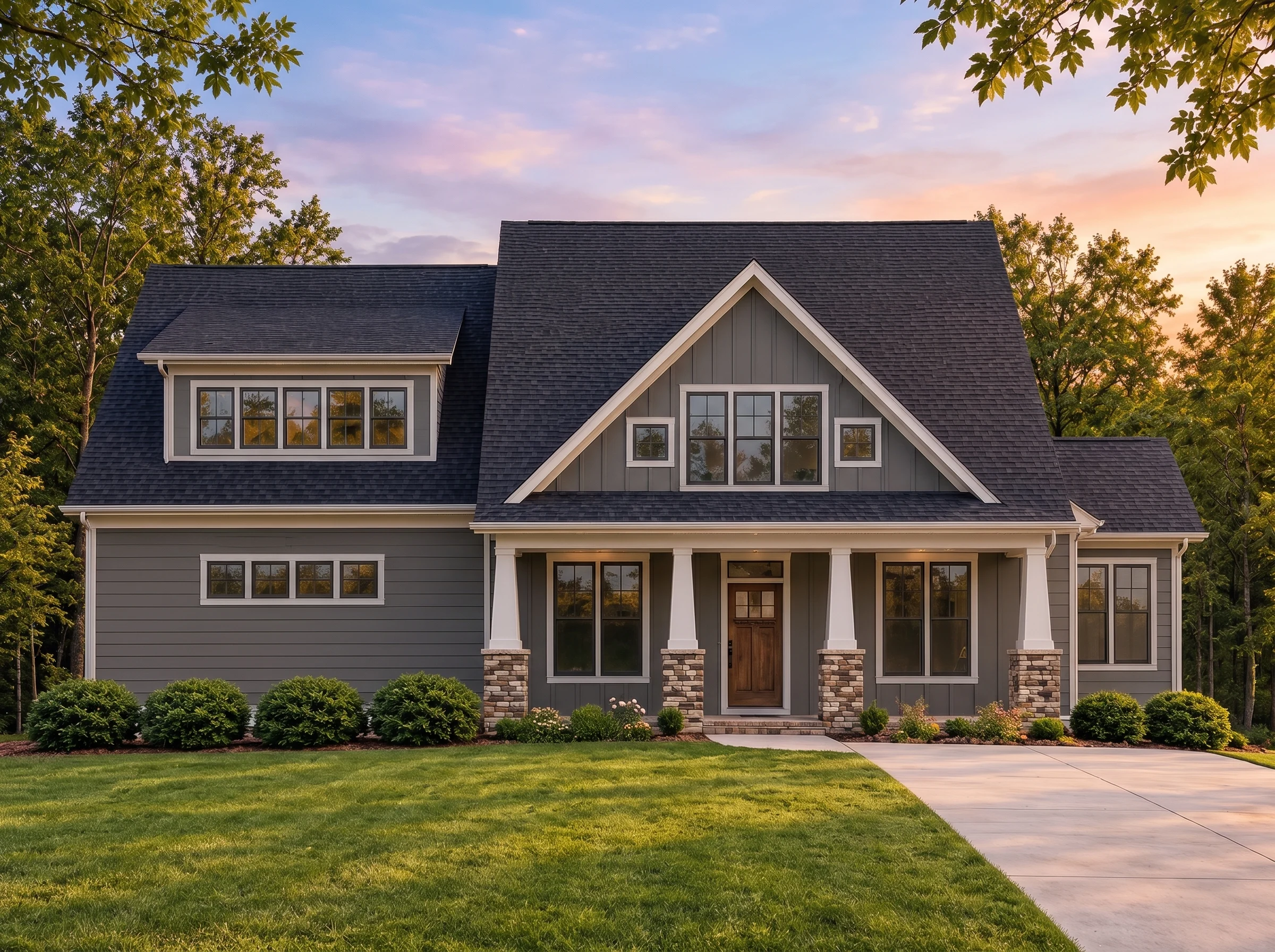 Plan  19-1280 – The Sanchez Estate |  Modern Farmhouse – 3-Bed, 2.5-Bath, 2,512 SF - Warm Charcoal, AI-generated exterior concept