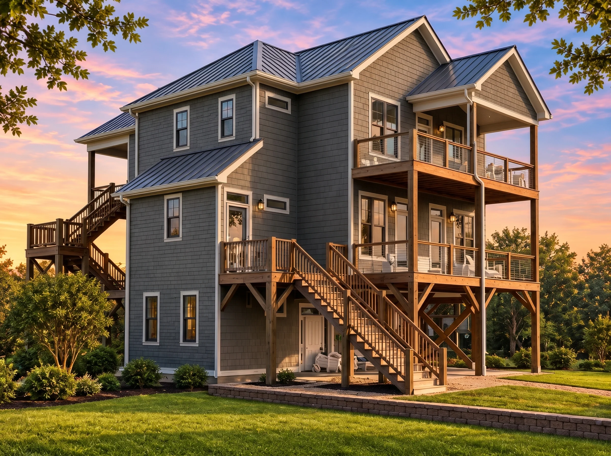 Plan  19-1313 – Morris Meadow |  Coastal – 3-Bed, 3.5-Bath, 5,200 SF - Warm Charcoal, AI-generated exterior concept
