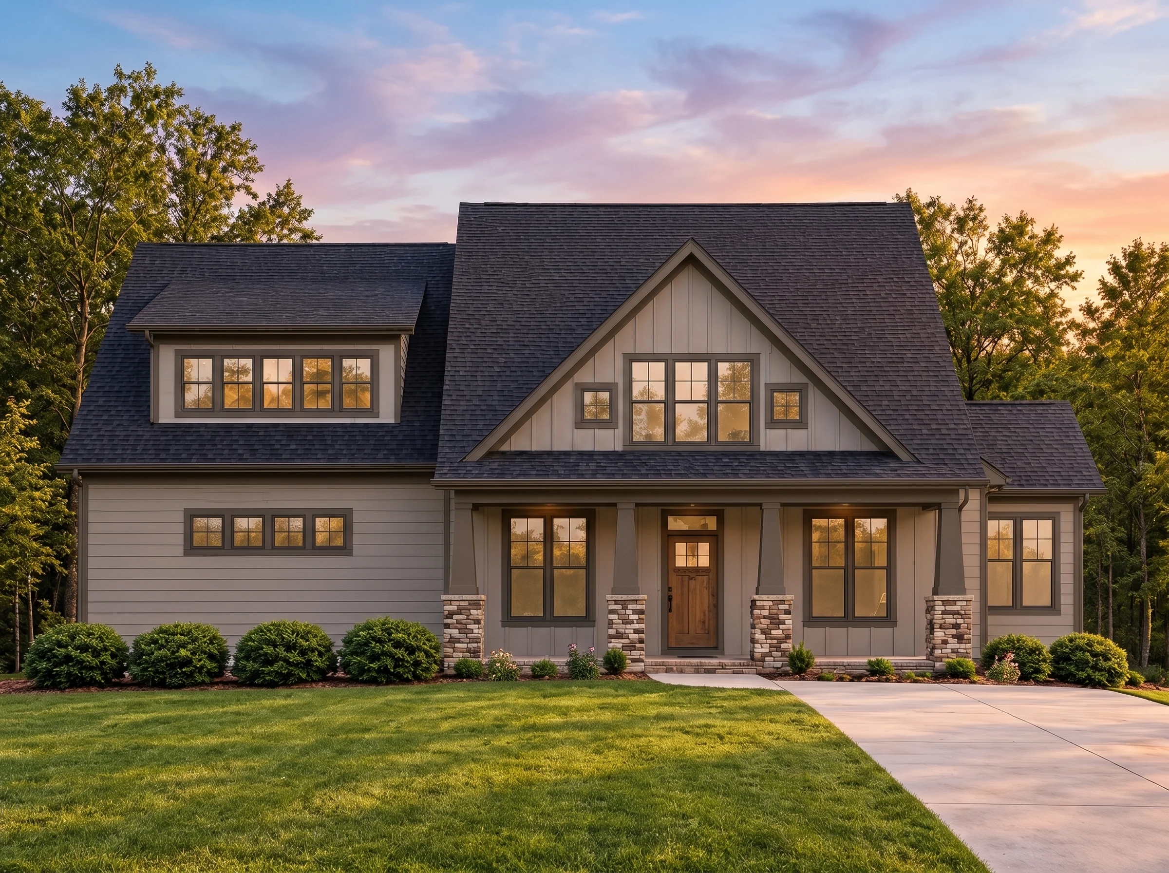 Plan  19-1280 – The Sanchez Estate |  Modern Farmhouse – 3-Bed, 2.5-Bath, 2,512 SF - Mushroom Taupe, AI-generated exterior concept