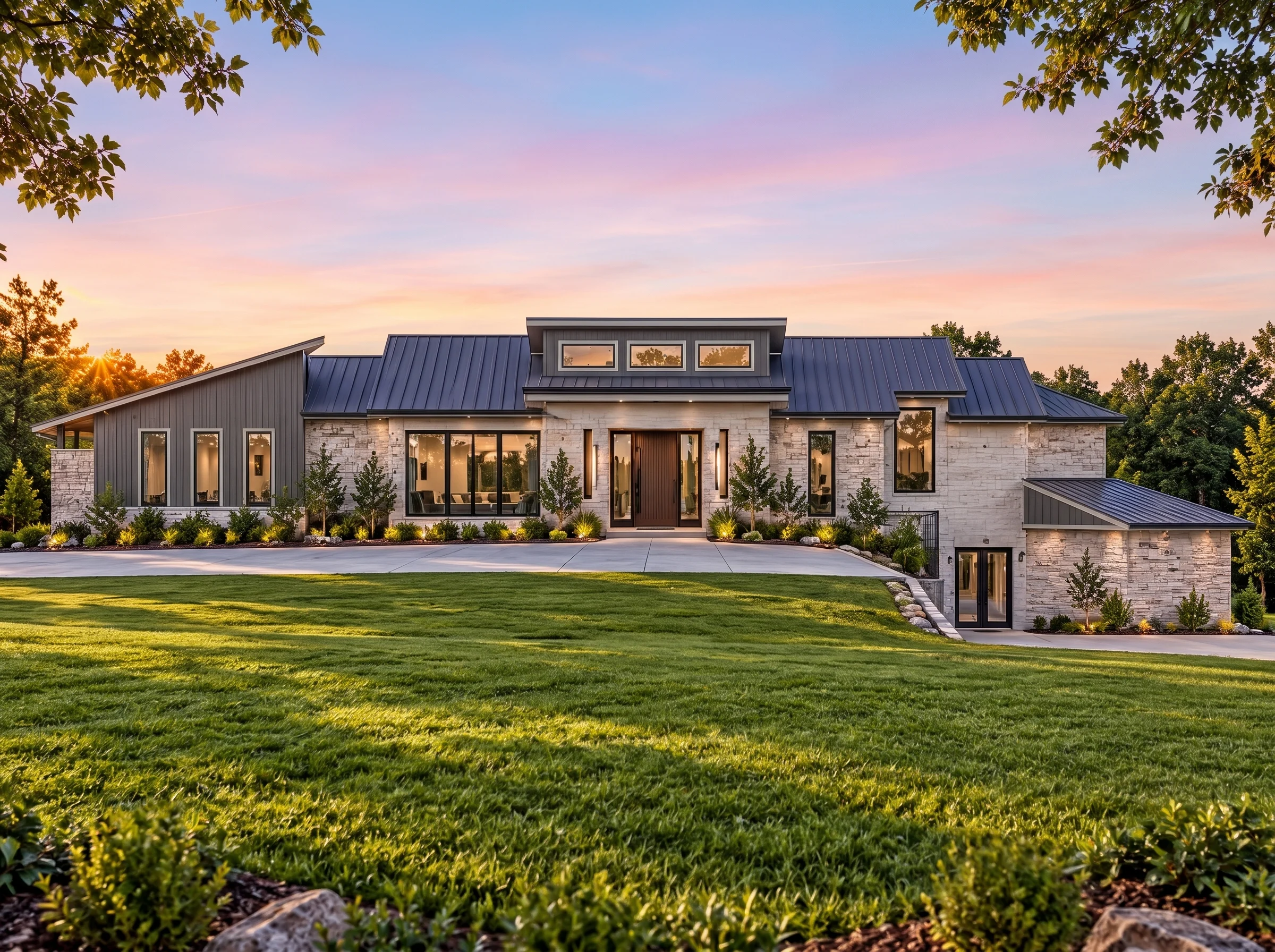 Plan  19-1481 – Narrative Retreat |  Transitional Ranch – 4-Bed, 5-Bath, 8,110 SF - Warm Charcoal, AI-generated exterior concept