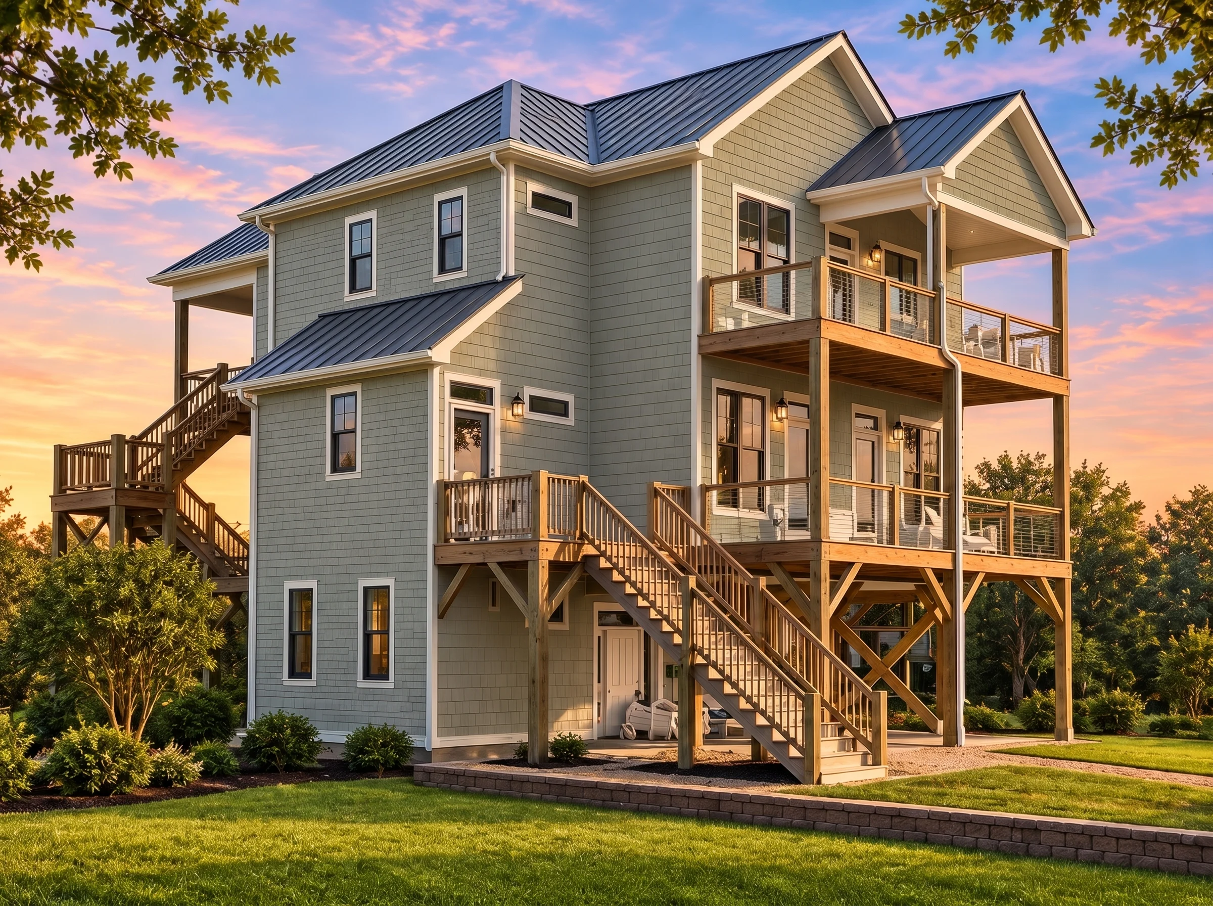 Plan  19-1313 – Morris Meadow |  Coastal – 3-Bed, 3.5-Bath, 5,200 SF - Muted Sage, AI-generated exterior concept
