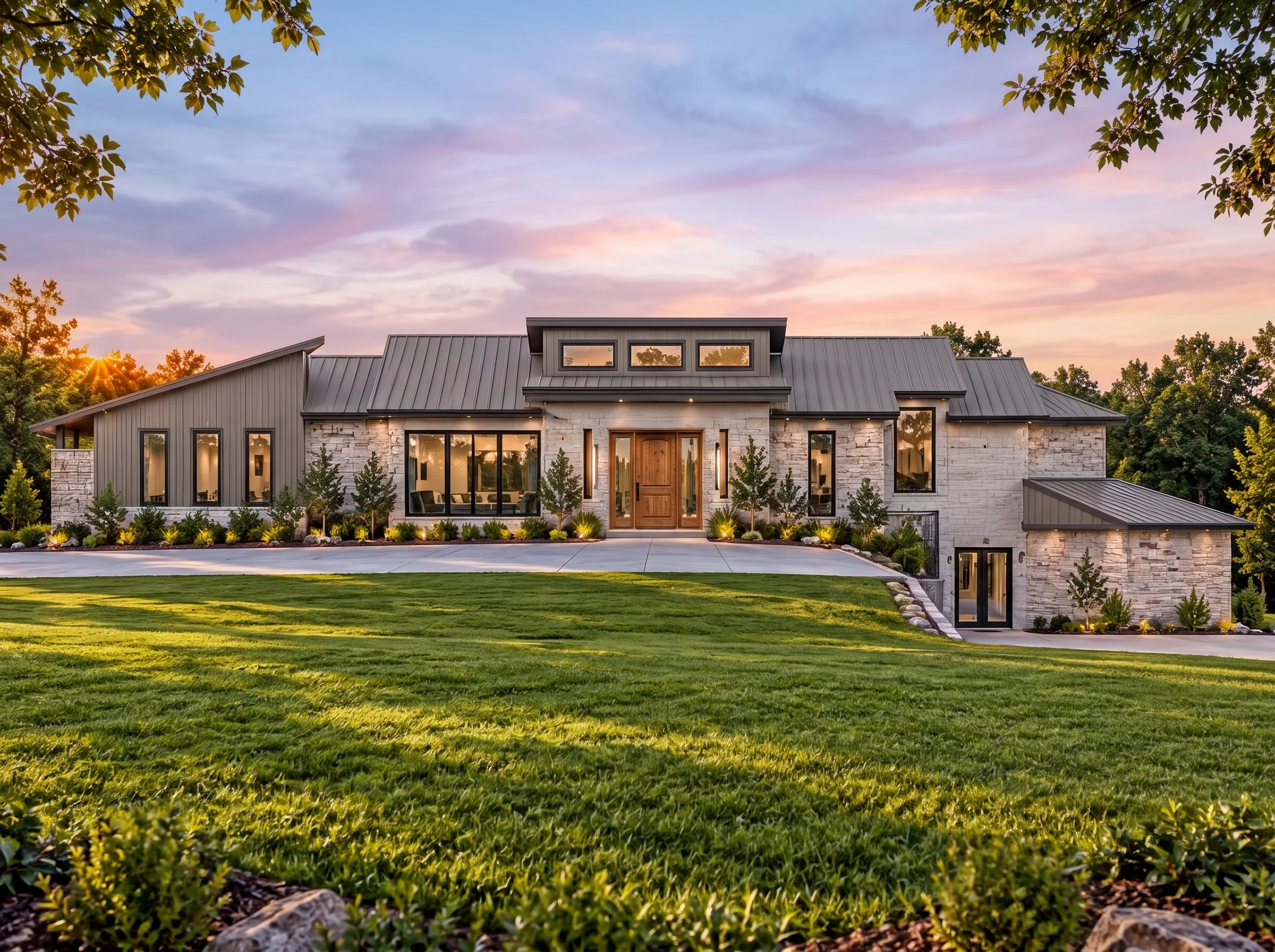 Plan  19-1481 – Narrative Retreat |  Transitional Ranch – 4-Bed, 5-Bath, 8,110 SF - Mushroom Taupe, AI-generated exterior concept