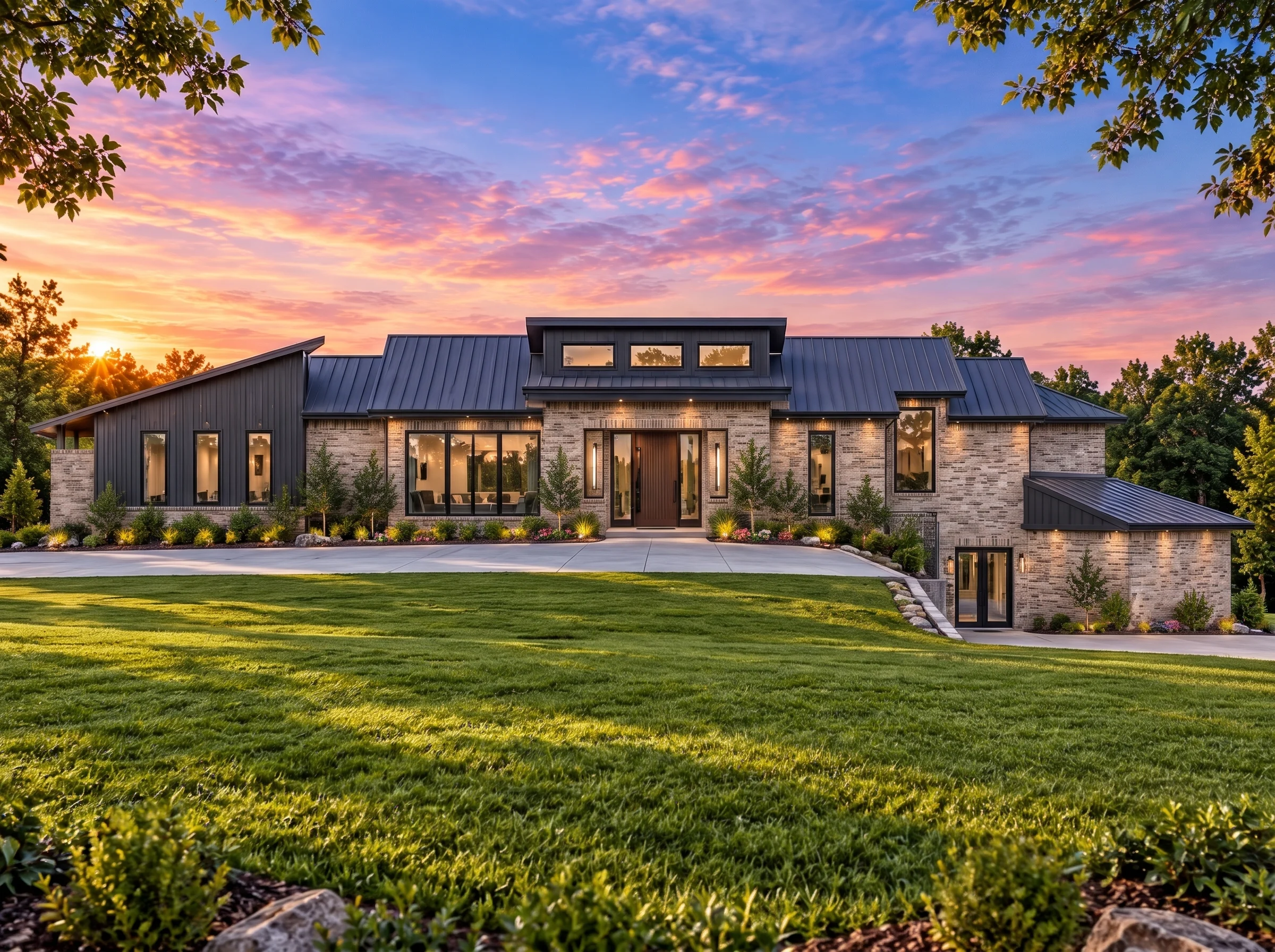 Plan  19-1481 – Narrative Retreat |  Transitional Ranch – 4-Bed, 5-Bath, 8,110 SF - Natural Brick, AI-generated exterior concept