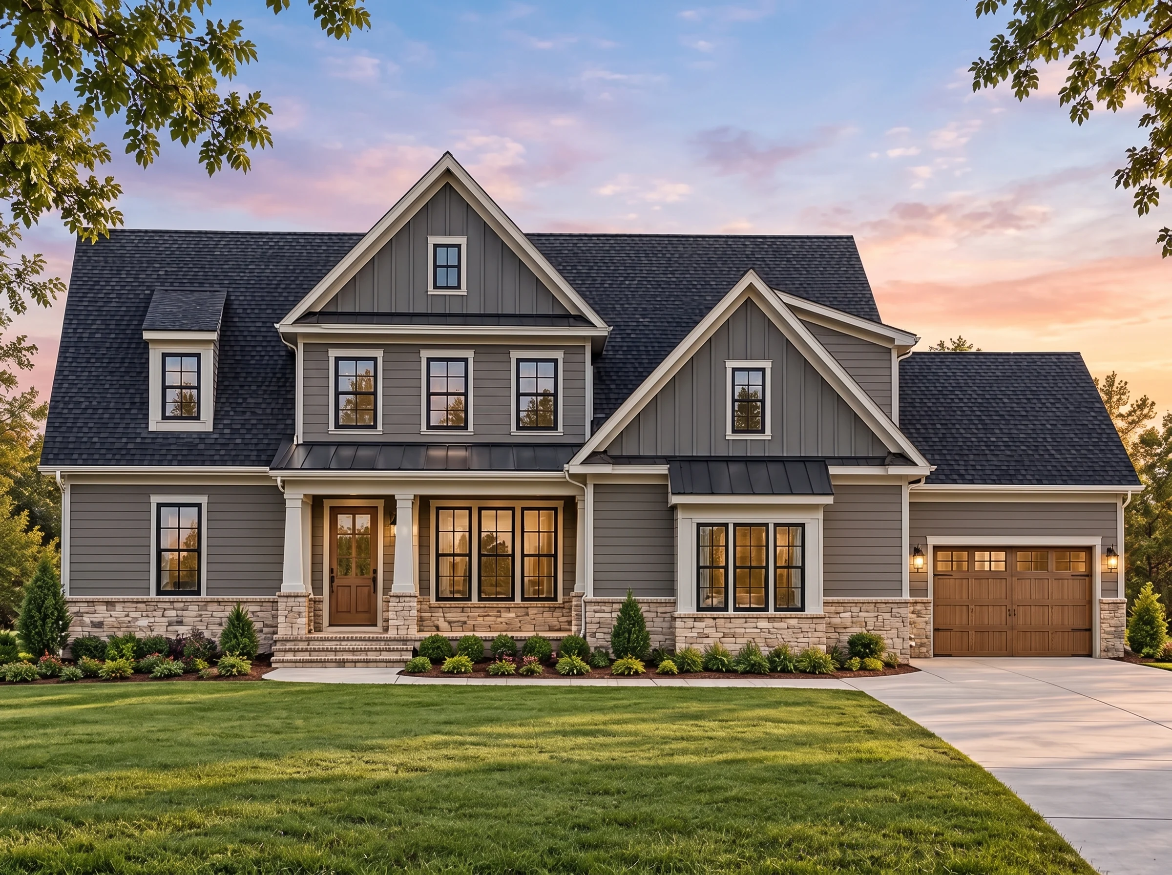 Plan  19-1518 – Lincoln Farmhouse |  Modern Farmhouse – 3-Bed, 3.5-Bath, 3,256 SF - Warm Charcoal, AI-generated exterior concept