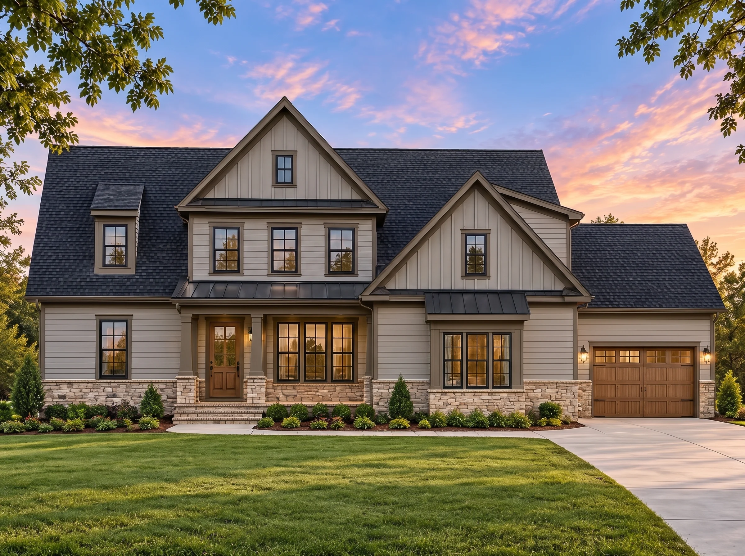 Plan  19-1518 – Lincoln Farmhouse |  Modern Farmhouse – 3-Bed, 3.5-Bath, 3,256 SF - Mushroom Taupe, AI-generated exterior concept