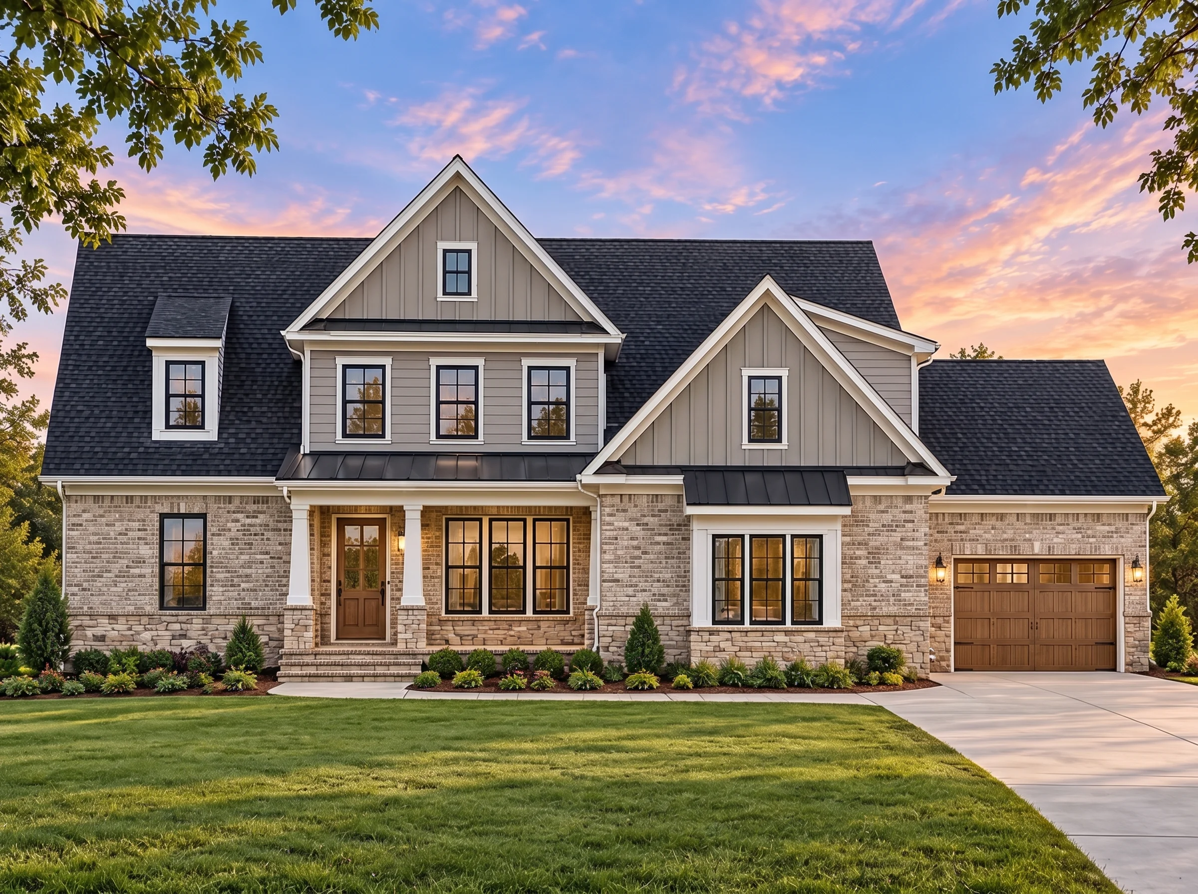 Plan  19-1518 – Lincoln Farmhouse |  Modern Farmhouse – 3-Bed, 3.5-Bath, 3,256 SF - Natural Brick, AI-generated exterior concept