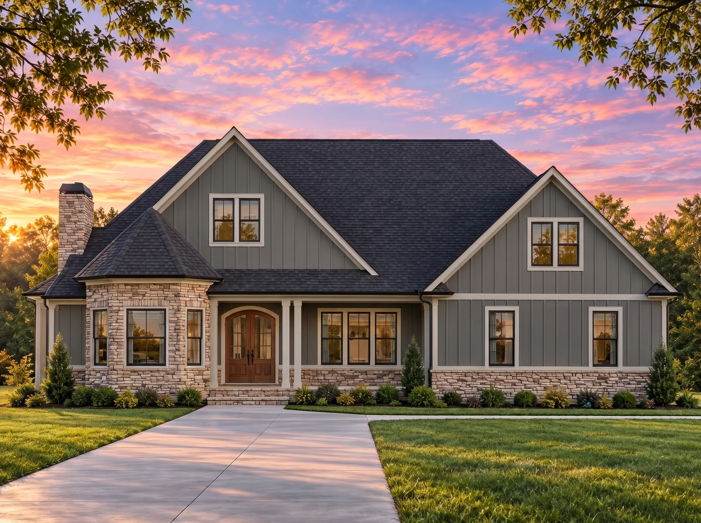 Plan  19-1653 – Aster Field Place |  Modern Farmhouse – 4-Bed, 3-Bath, 2,915 SF - Warm Charcoal, AI-generated exterior concept