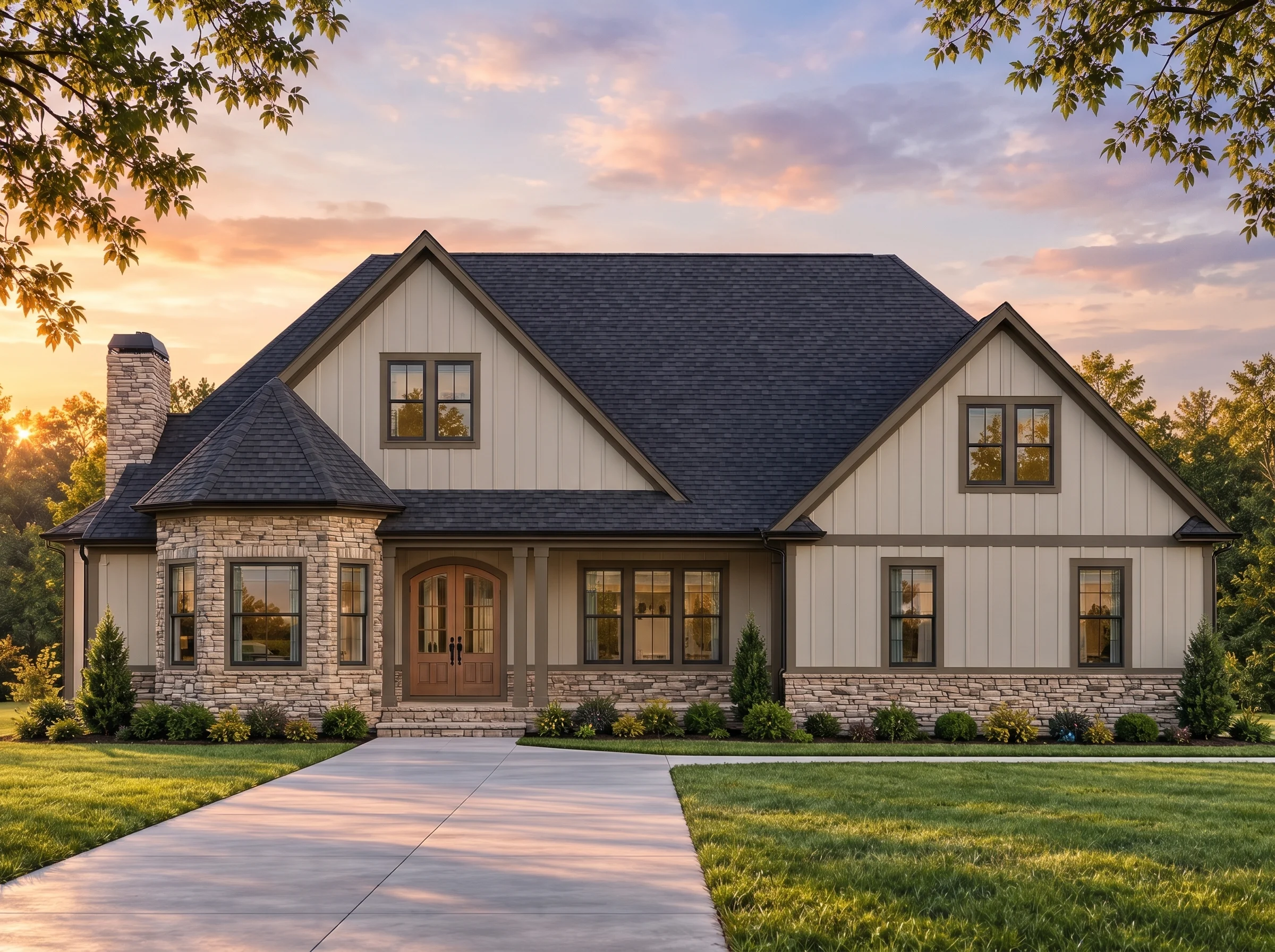 Plan  19-1653 – Aster Field Place |  Modern Farmhouse – 4-Bed, 3-Bath, 2,915 SF - Mushroom Taupe, AI-generated exterior concept