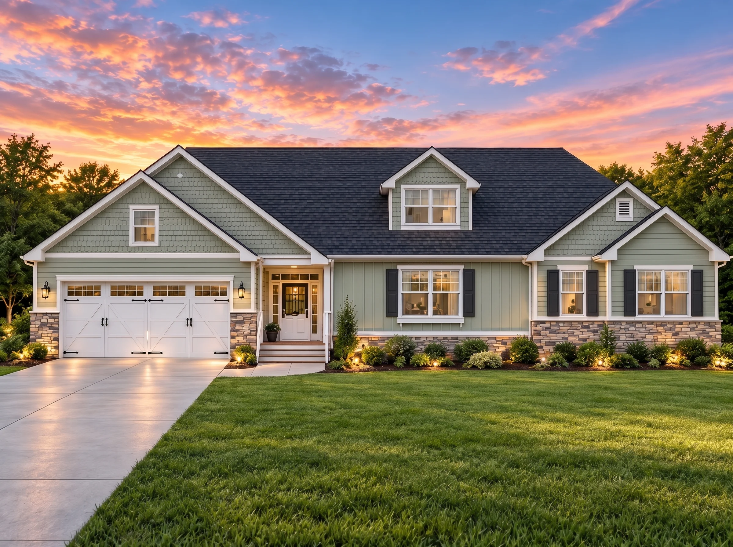 Plan  19-1648 – Elite Residences |  Coastal Farmhouse – 3-Bed, 3.5-Bath, 1,181 SF - Muted Sage, AI-generated exterior concept