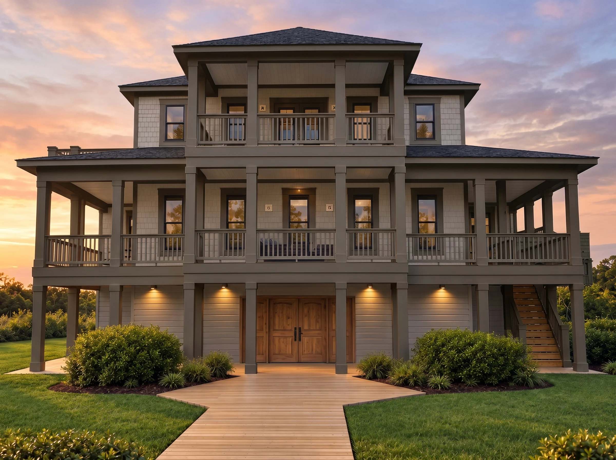 Plan  19-1674 – Auburn Glen Haven |  Coastal – 3-Bed, 3.5-Bath, 2,599 SF - Mushroom Taupe, AI-generated exterior concept
