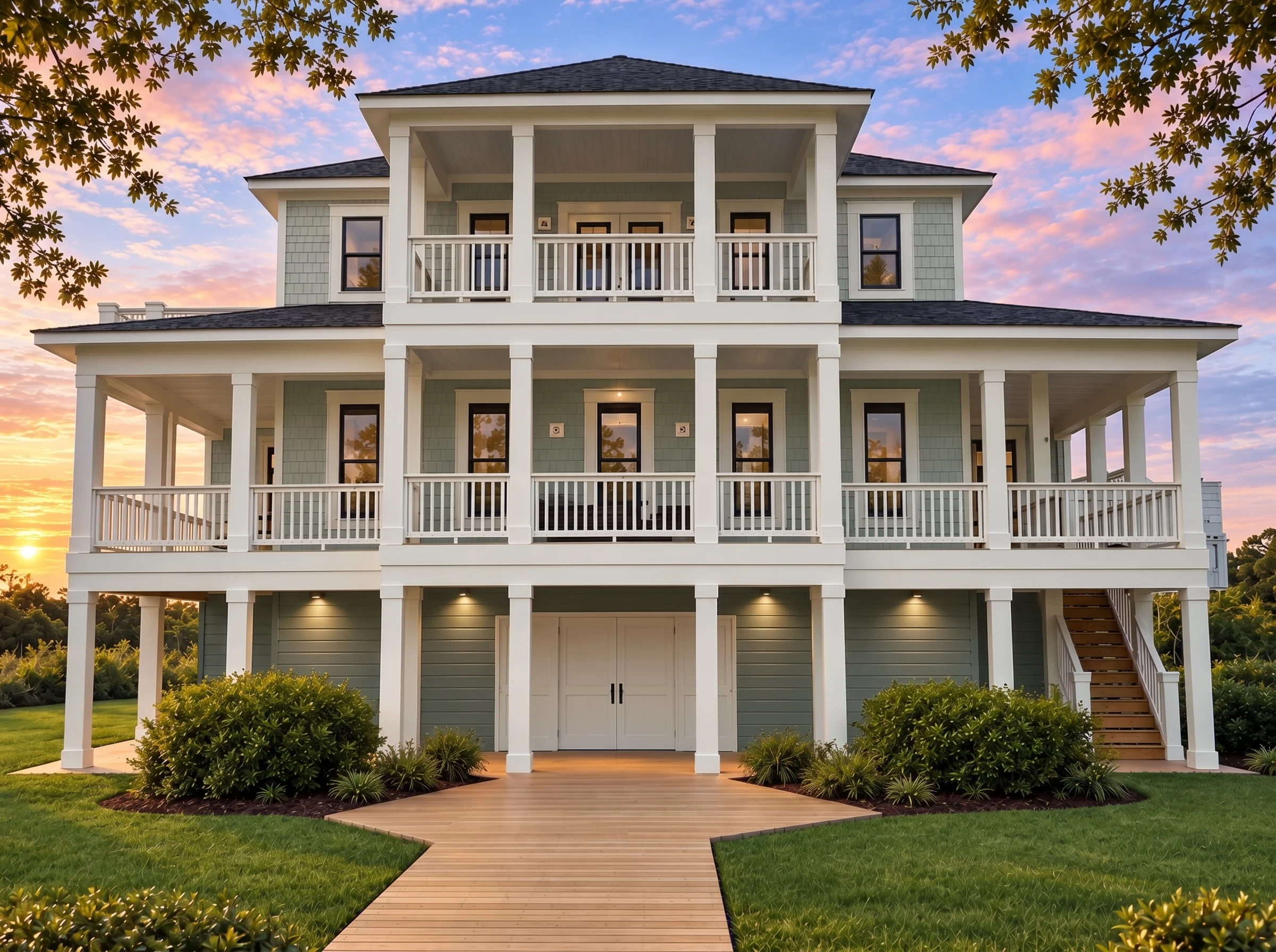 Plan  19-1674 – Auburn Glen Haven |  Coastal – 3-Bed, 3.5-Bath, 2,599 SF - Muted Sage, AI-generated exterior concept