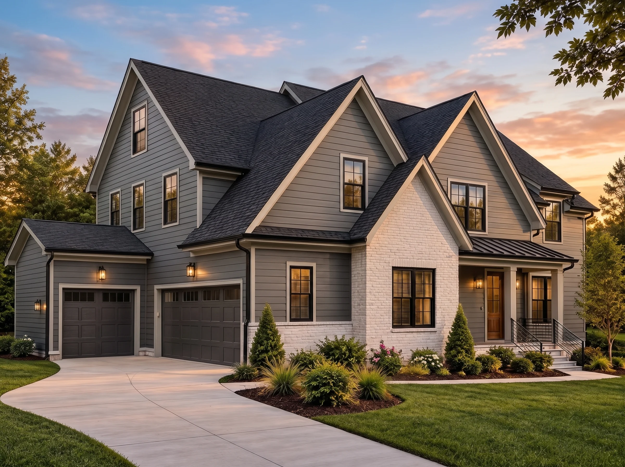 Plan  19-1791C – Aster Field Estate  | Modern Farmhouse – 5-Bed, 5-Bath, 2,611 SF - Warm Charcoal, AI-generated exterior concept