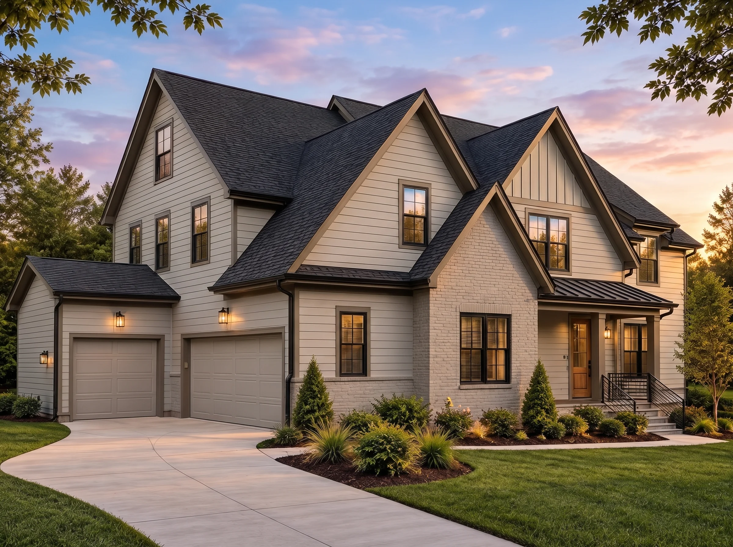 Plan  19-1791C – Aster Field Estate  | Modern Farmhouse – 5-Bed, 5-Bath, 2,611 SF - Mushroom Taupe, AI-generated exterior concept