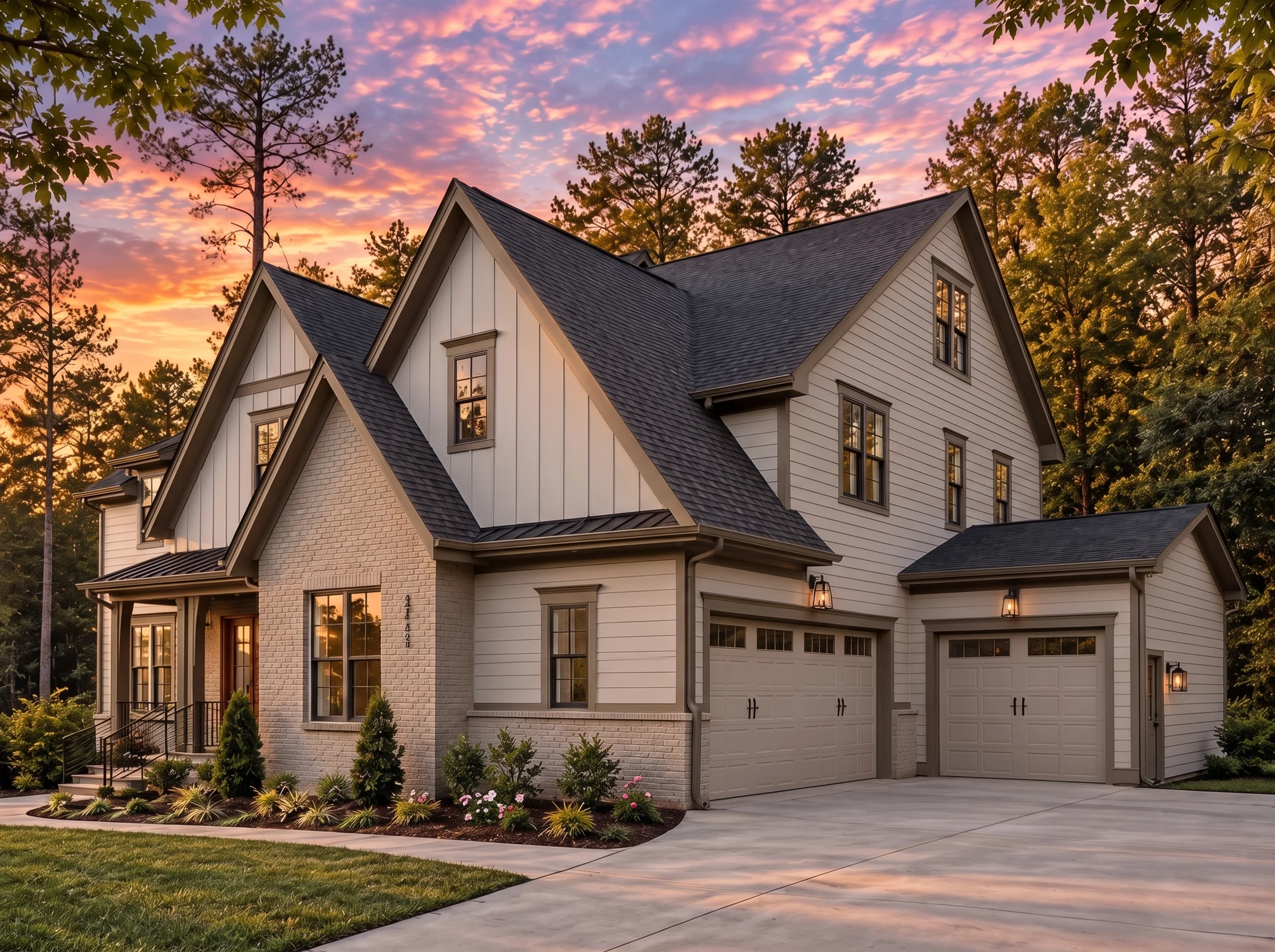 Plan  19-1791 – Aster Pass Estate |  Modern Farmhouse – 5-Bed, 3.5-Bath, 4,250 SF - Mushroom Taupe, AI-generated exterior concept