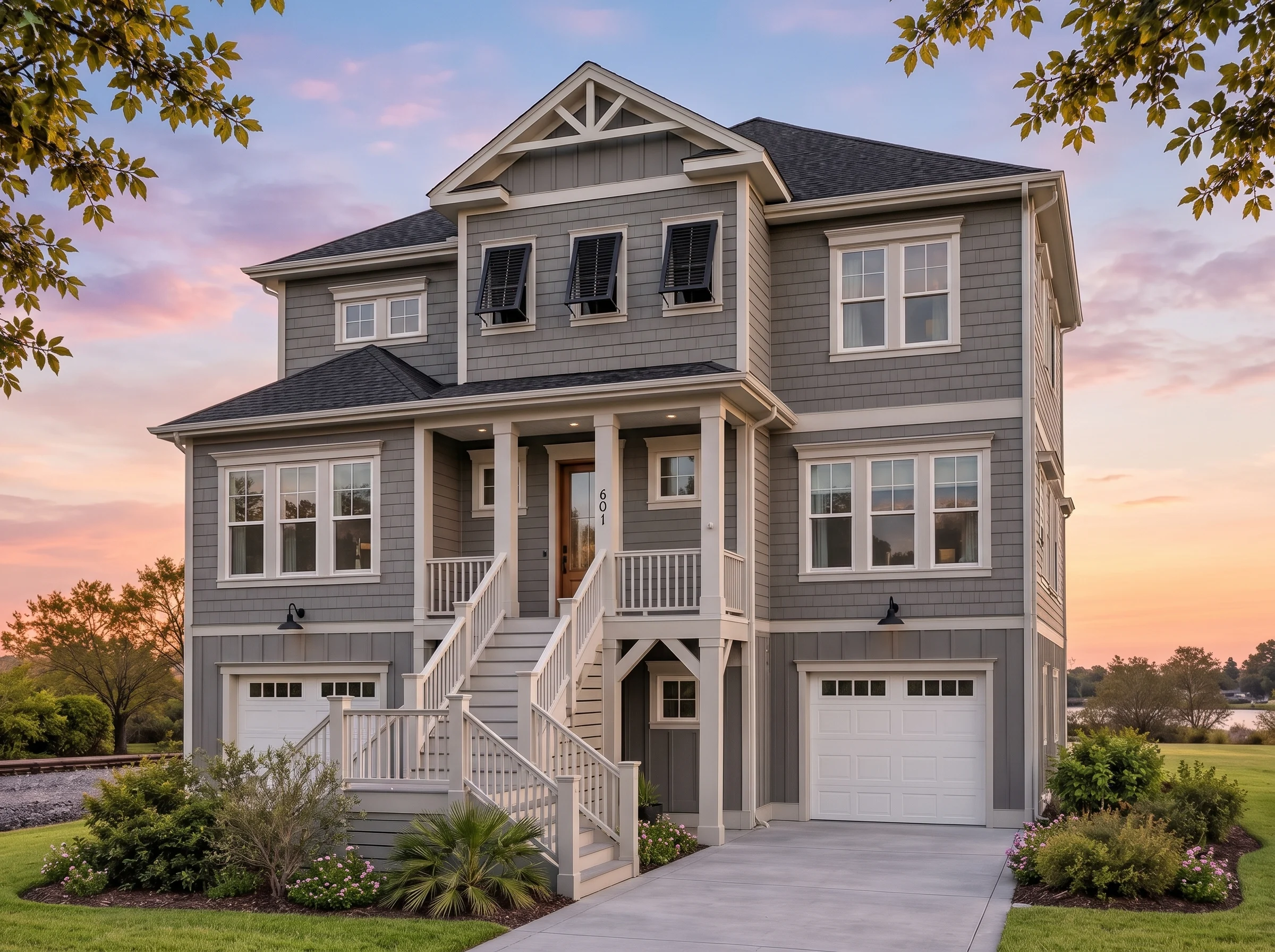 Plan  19-1770 – Delaware River |  Coastal Beach – 4-Bed, 4.5-Bath, 3,847 SF - Warm Charcoal, AI-generated exterior concept