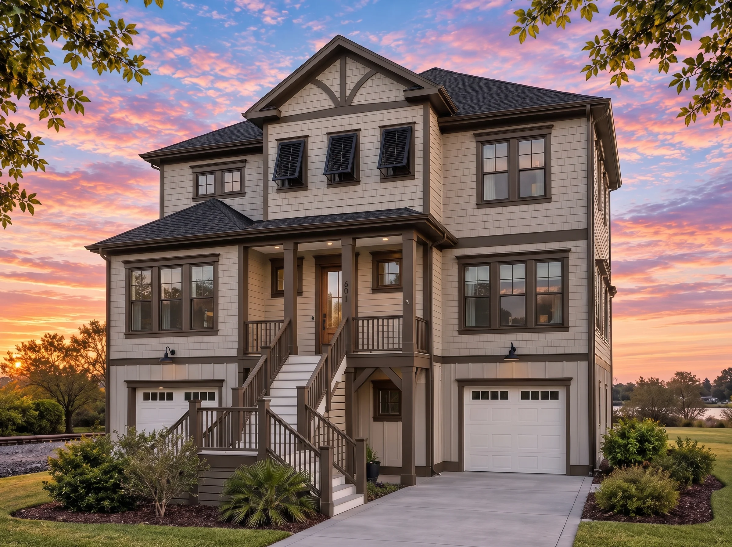 Plan  19-1770 – Delaware River |  Coastal Beach – 4-Bed, 4.5-Bath, 3,847 SF - Mushroom Taupe, AI-generated exterior concept