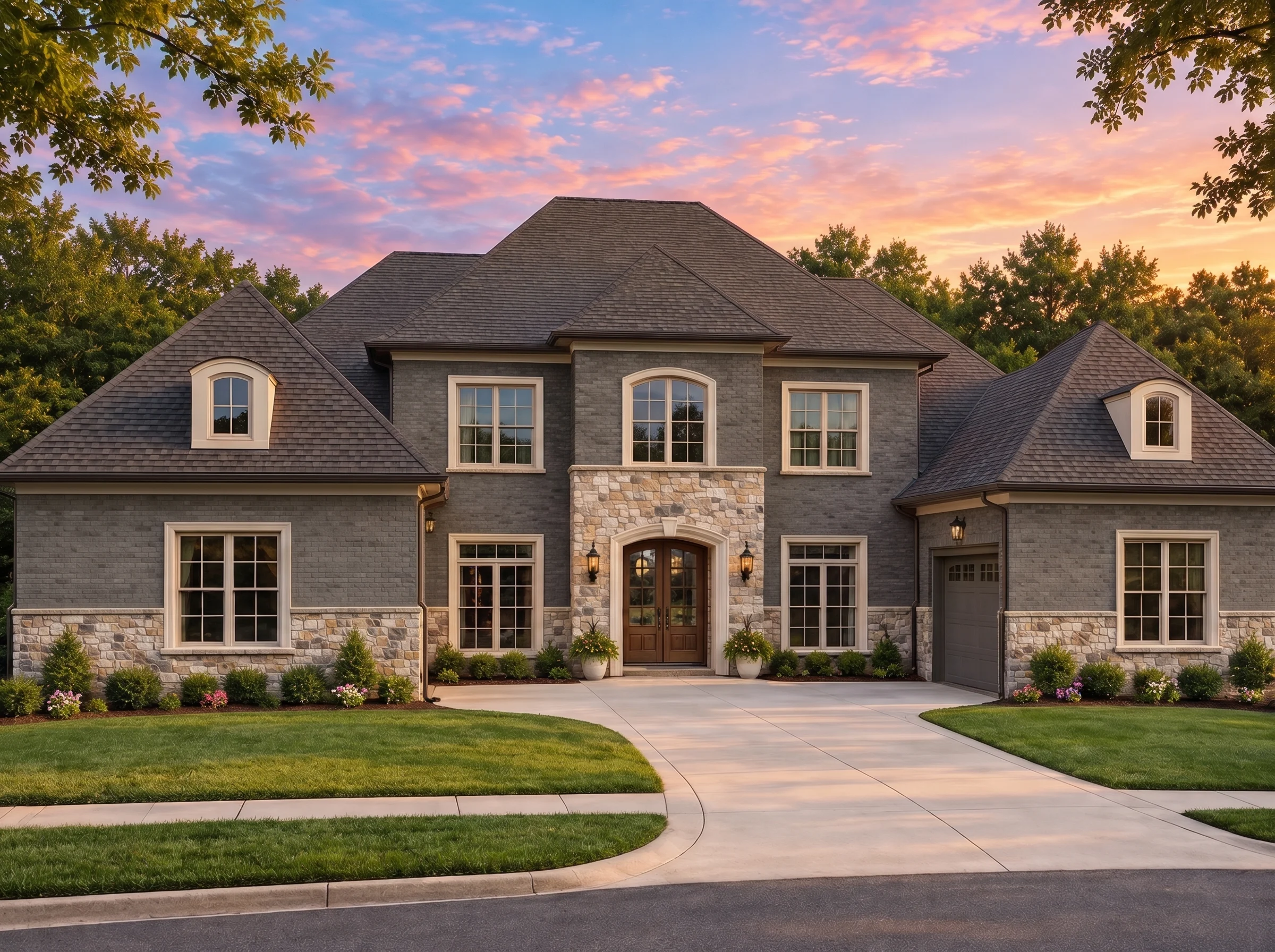 Plan  19-1737 – The Kelly Station |  French Country – 6-Bed, 5-Bath, 7,140 SF - Warm Charcoal, AI-generated exterior concept