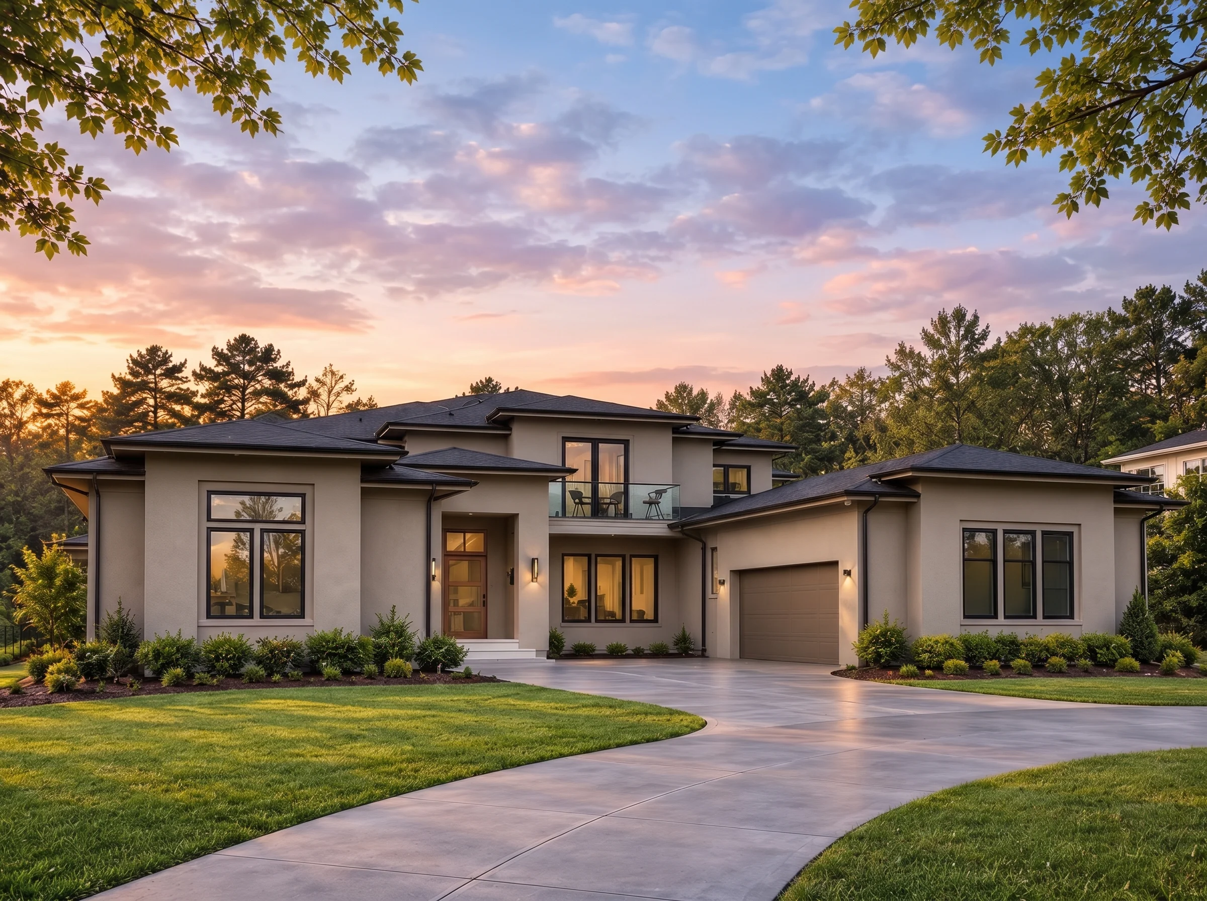 Plan  19-1741 – Sanders Lodge |  Modern Transitional – 5-Bed, 3.5-Bath, 6,683 SF - Mushroom Taupe, AI-generated exterior concept