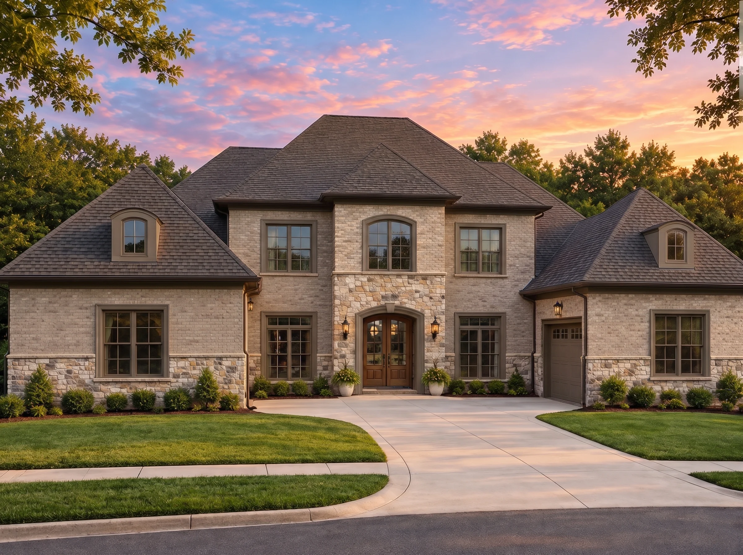 Plan  19-1737 – The Kelly Station |  French Country – 6-Bed, 5-Bath, 7,140 SF - Mushroom Taupe, AI-generated exterior concept