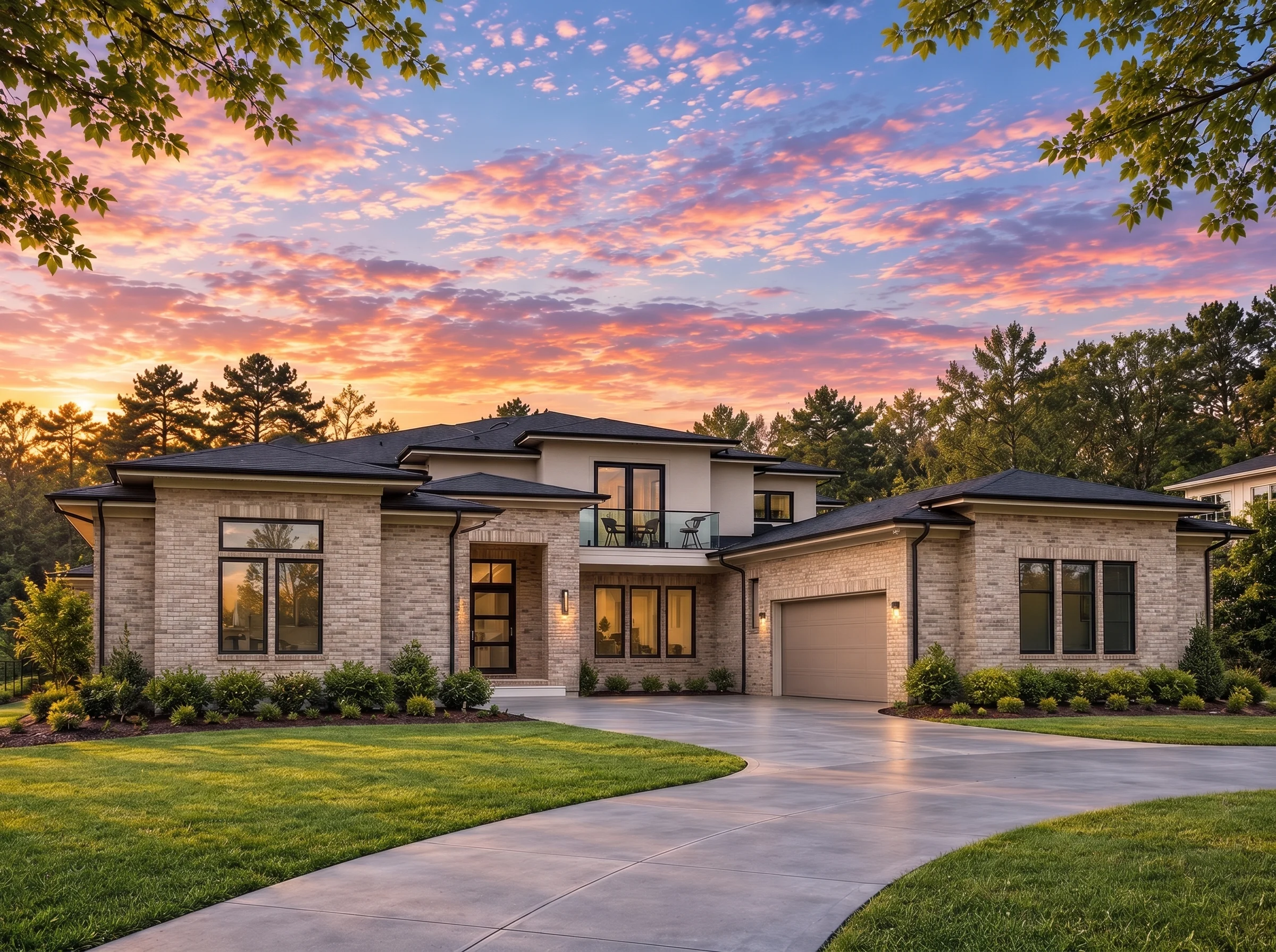 Plan  19-1741 – Sanders Lodge |  Modern Transitional – 5-Bed, 3.5-Bath, 6,683 SF - Natural Brick, AI-generated exterior concept