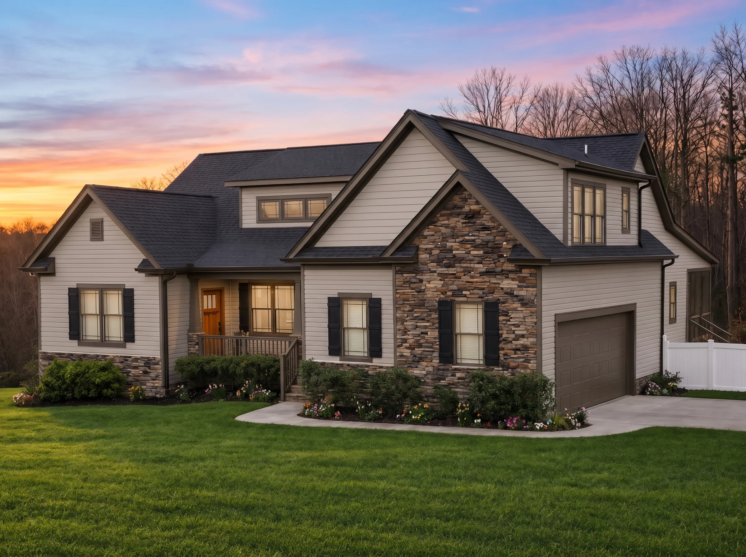 Plan  19-1856 – Auburn Summit Lodge  | Modern Farmhouse – 3-Bed, 2.5-Bath, 2,701 SF - Mushroom Taupe, AI-generated exterior concept