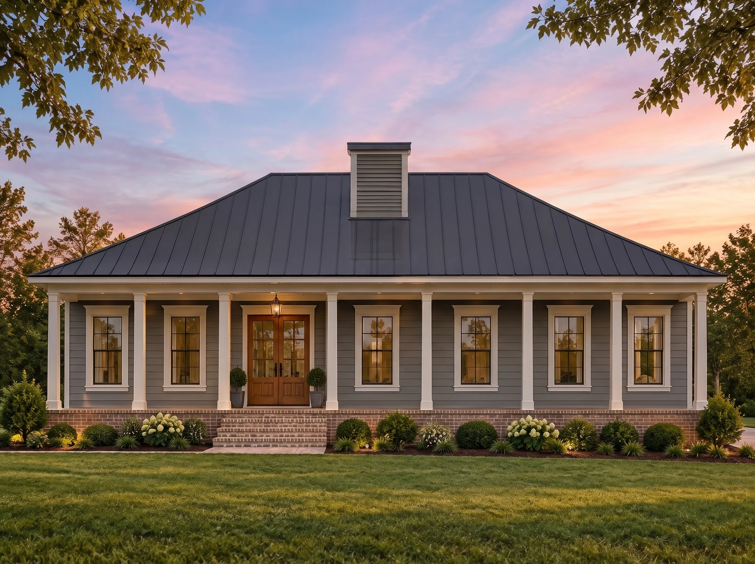 Plan  19-1893 – The Perry Manor |  Classical Southern – 2-Bed, 2-Bath, 1,448 SF - Warm Charcoal, AI-generated exterior concept