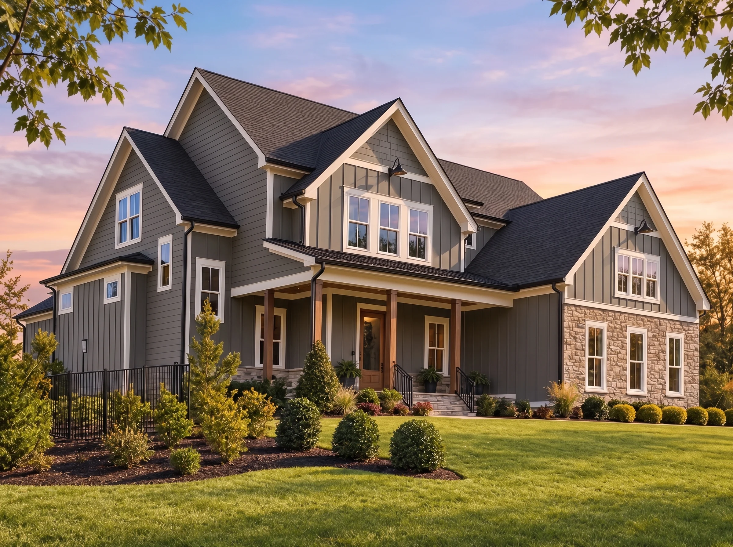 Plan  19-1895 – Surface Retreat |  New American – 4-Bed, 3.5-Bath, 3,203 SF - Warm Charcoal, AI-generated exterior concept