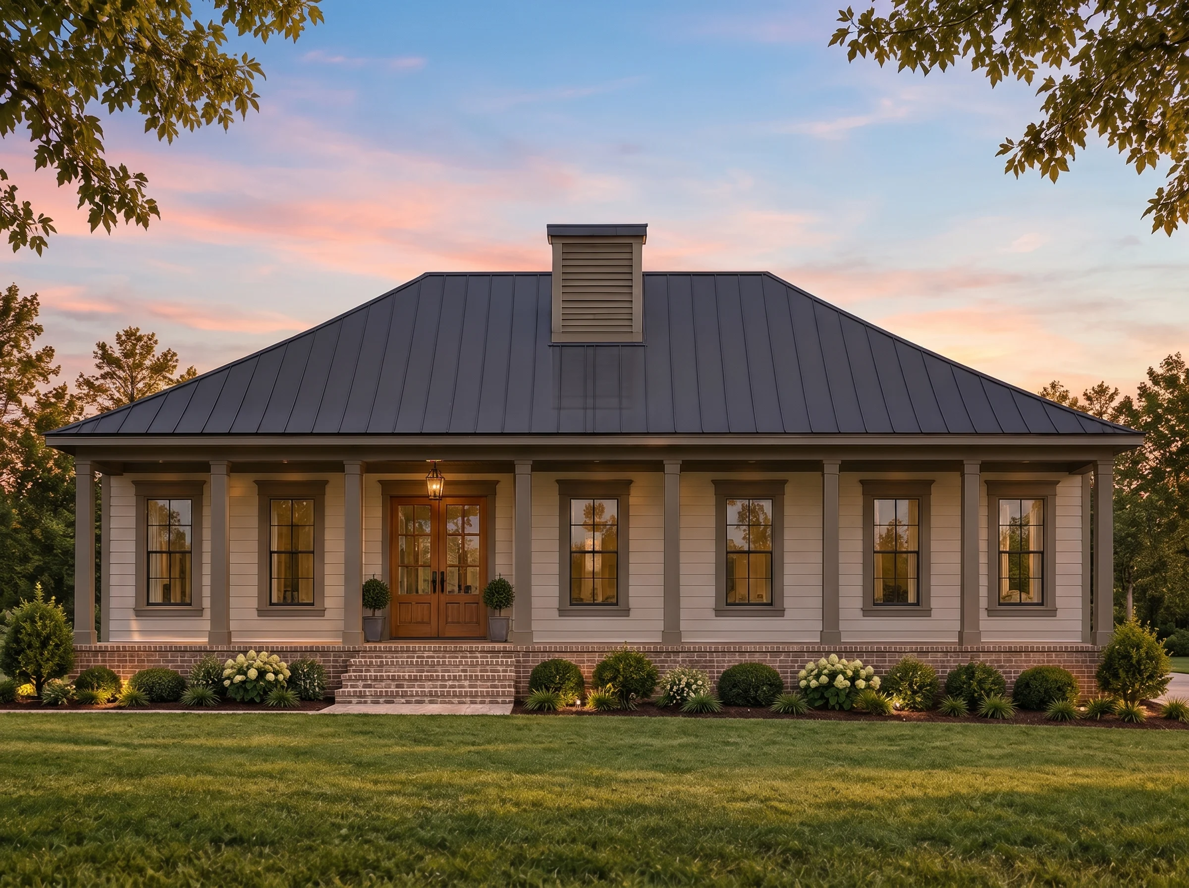 Plan  19-1893 – The Perry Manor |  Classical Southern – 2-Bed, 2-Bath, 1,448 SF - Mushroom Taupe, AI-generated exterior concept