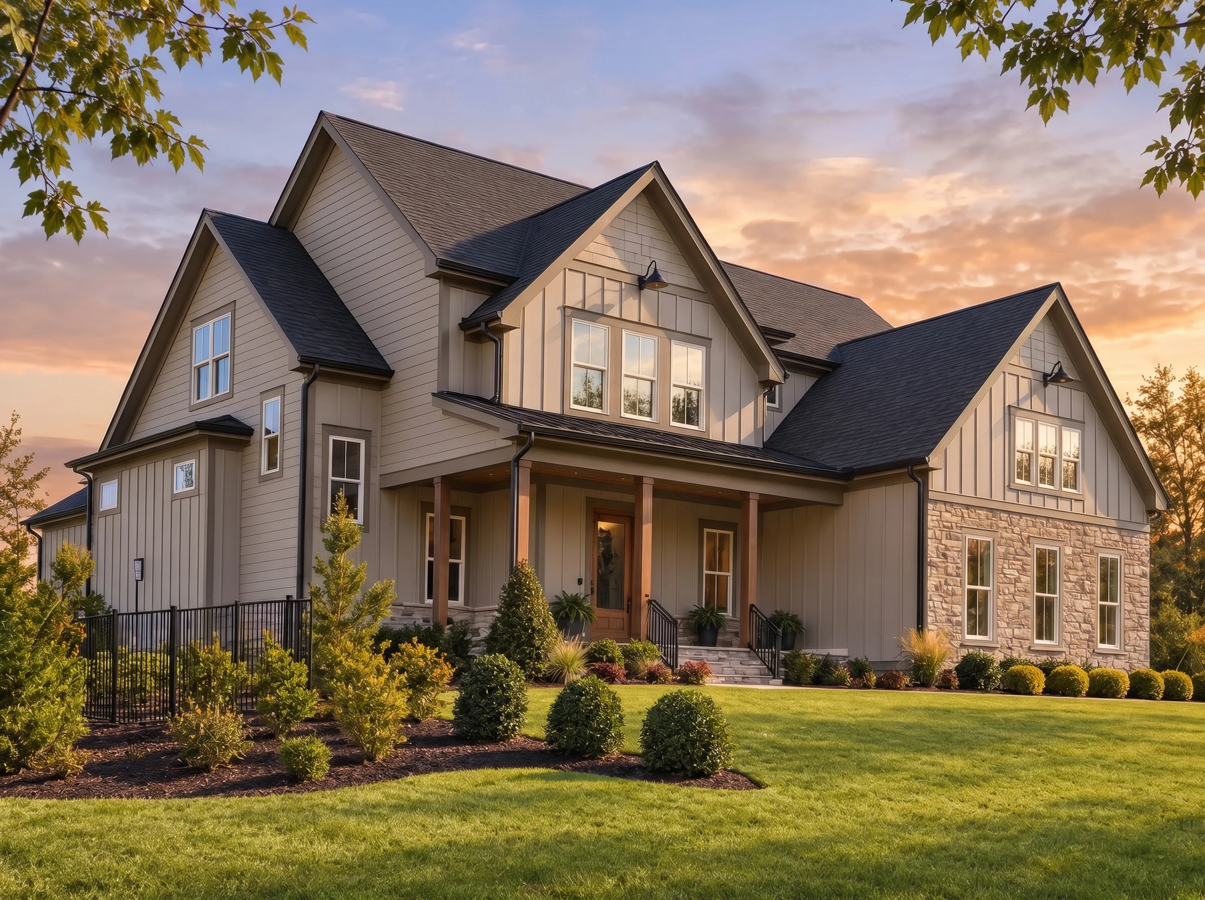 Plan  19-1895 – Surface Retreat |  New American – 4-Bed, 3.5-Bath, 3,203 SF - Mushroom Taupe, AI-generated exterior concept
