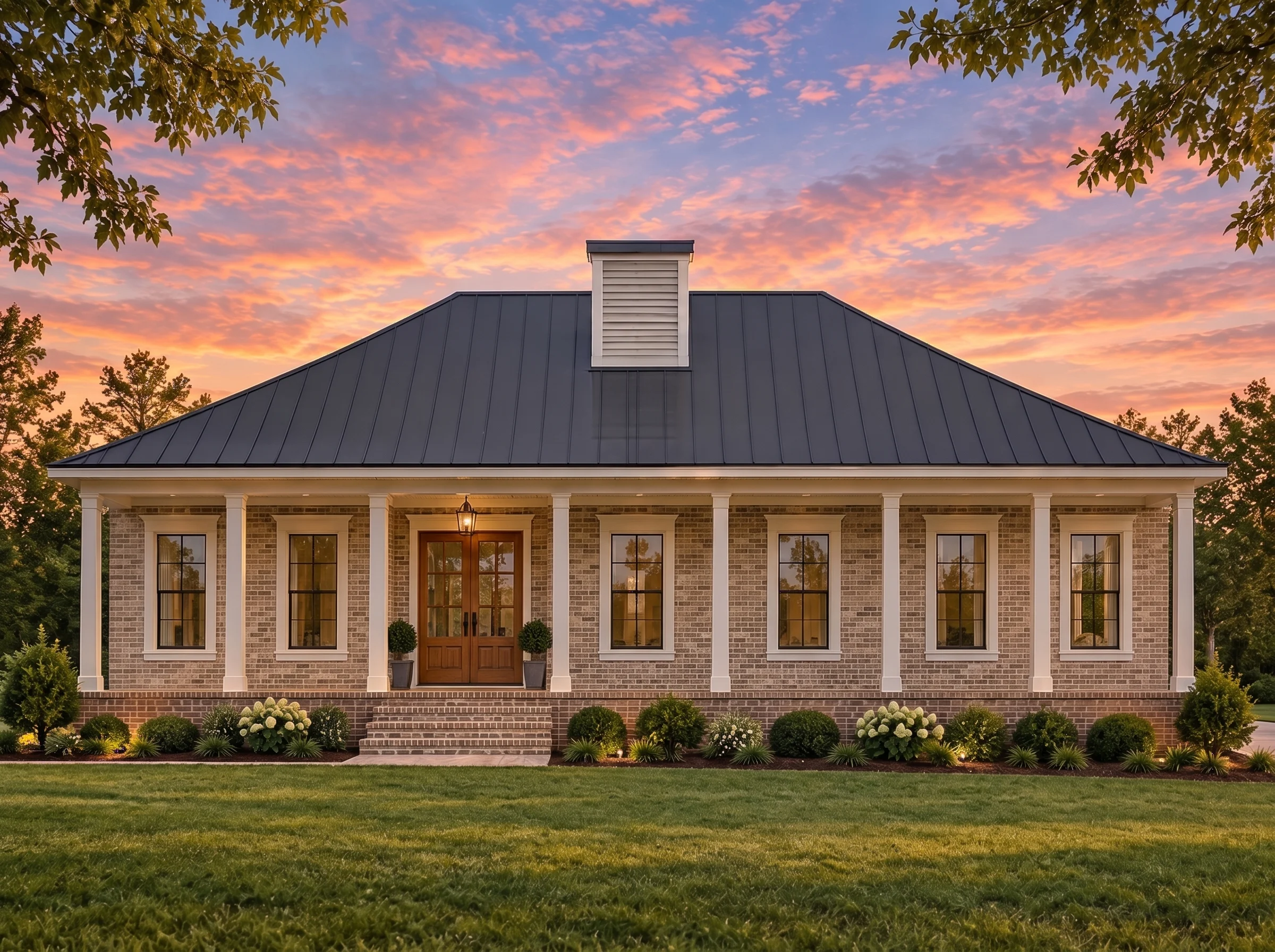 Plan  19-1893 – The Perry Manor |  Classical Southern – 2-Bed, 2-Bath, 1,448 SF - Natural Brick, AI-generated exterior concept