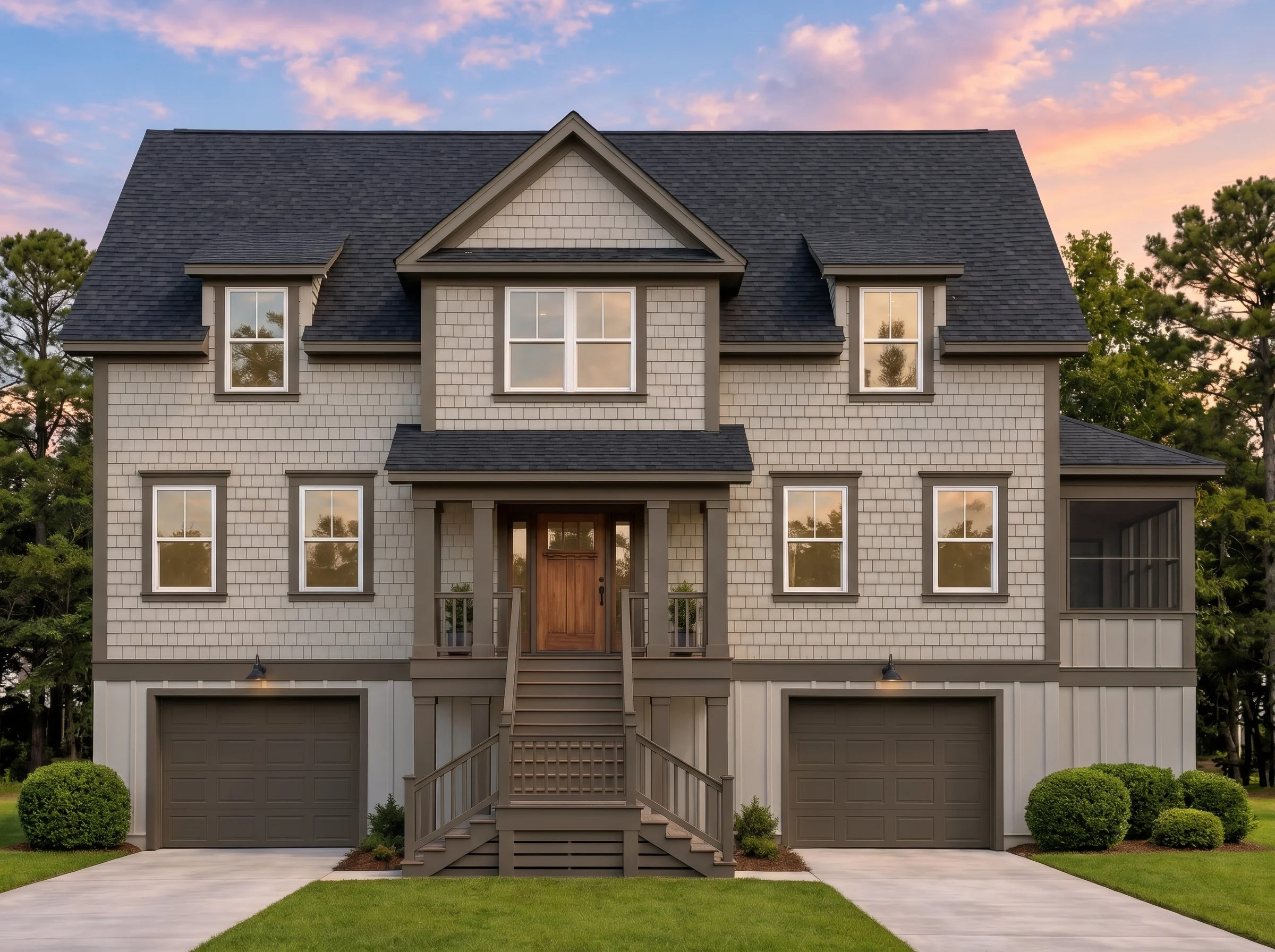 Plan  19-1977 – Aster Bluff House |  Modern Farmhouse – 3-Bed, 2.5-Bath, 1,734 SF - Mushroom Taupe, AI-generated exterior concept