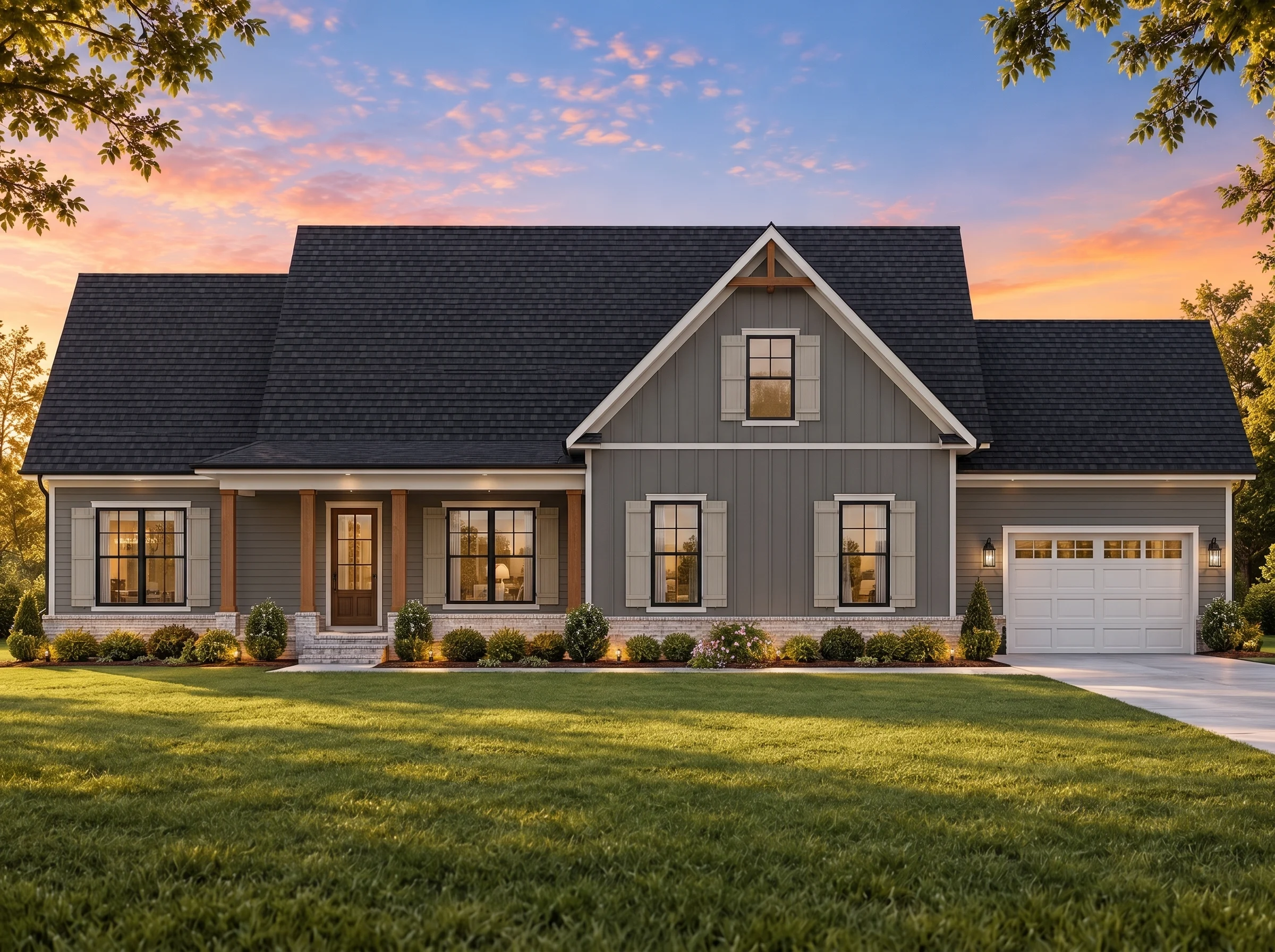Plan  19-2015 – Aster Brook Estate |  Modern Farmhouse – 3-Bed, 2-Bath, 1,936 SF - Warm Charcoal, AI-generated exterior concept