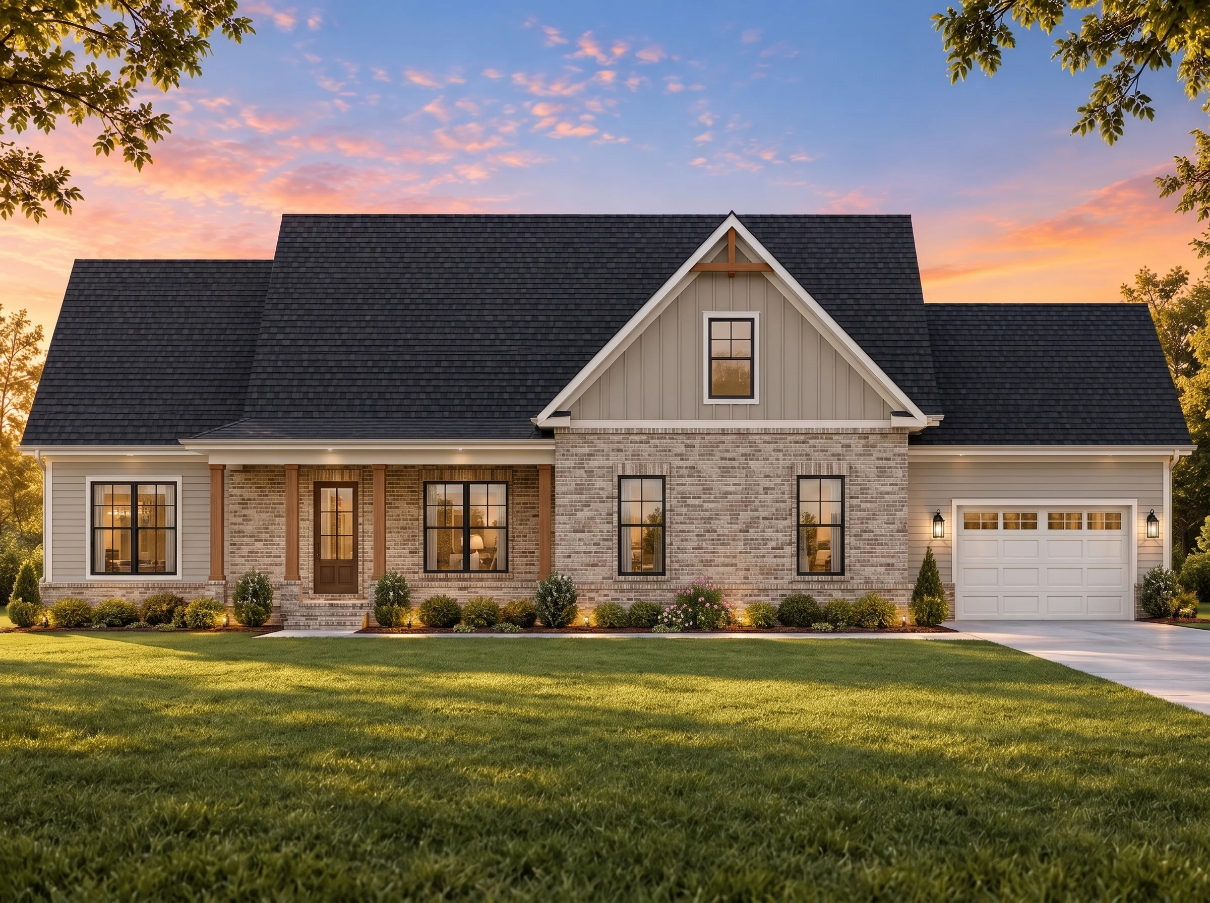 Plan  19-2015 – Aster Brook Estate |  Modern Farmhouse – 3-Bed, 2-Bath, 1,936 SF - Natural Brick, AI-generated exterior concept