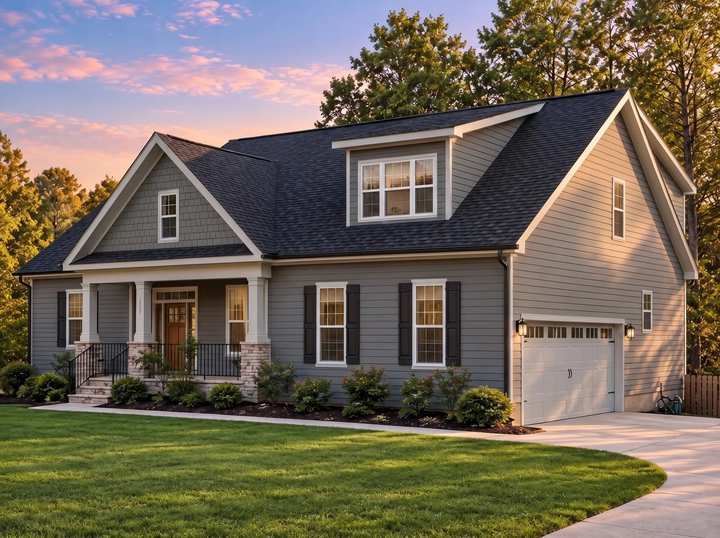 Plan  19-2021 – Carolina Sandhills |  Traditional Farmhouse – 3-Bed, 3.5-Bath, 2,408 SF - Warm Charcoal, AI-generated exterior concept