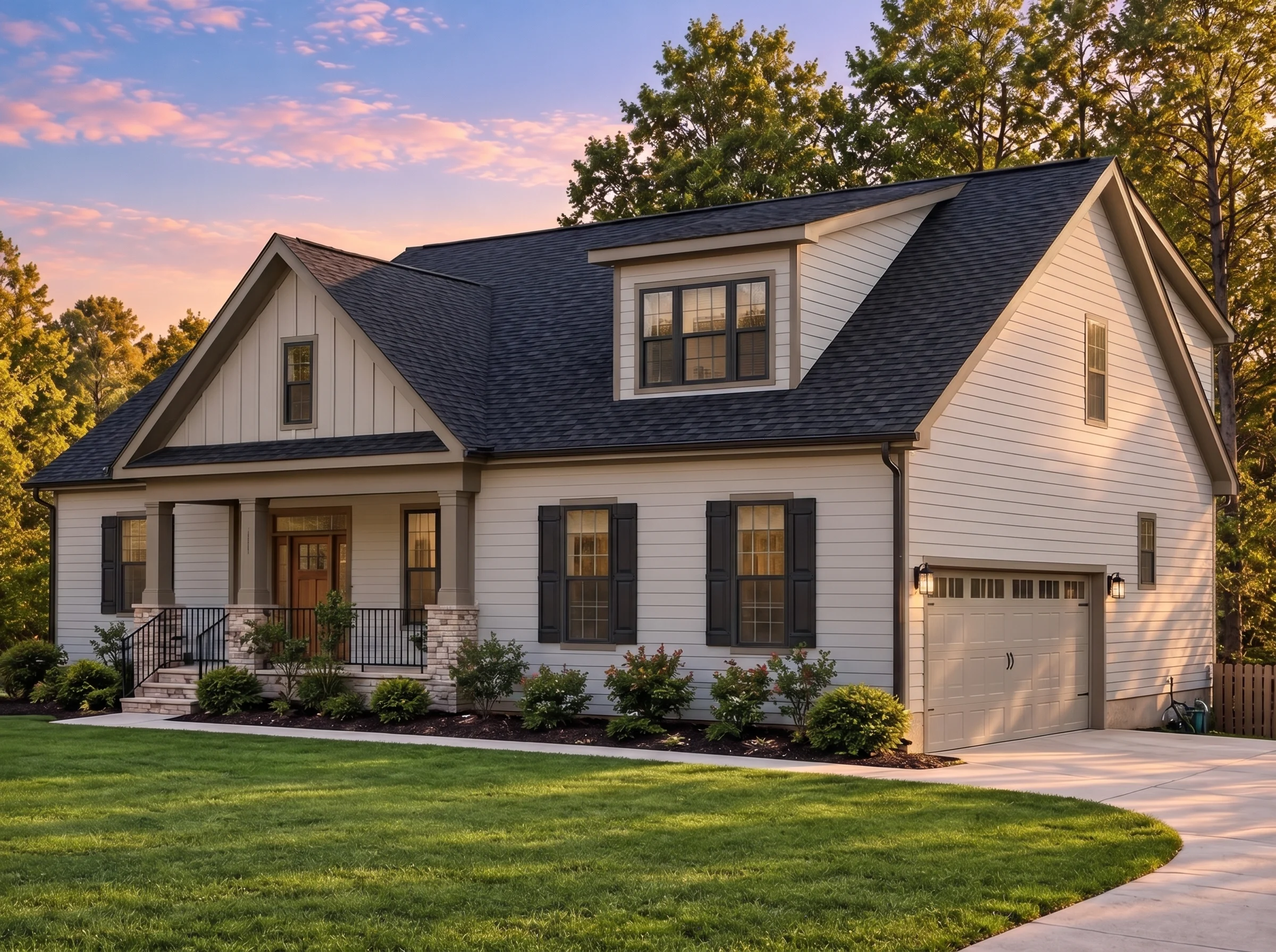 Plan  19-2021 – Carolina Sandhills |  Traditional Farmhouse – 3-Bed, 3.5-Bath, 2,408 SF - Mushroom Taupe, AI-generated exterior concept