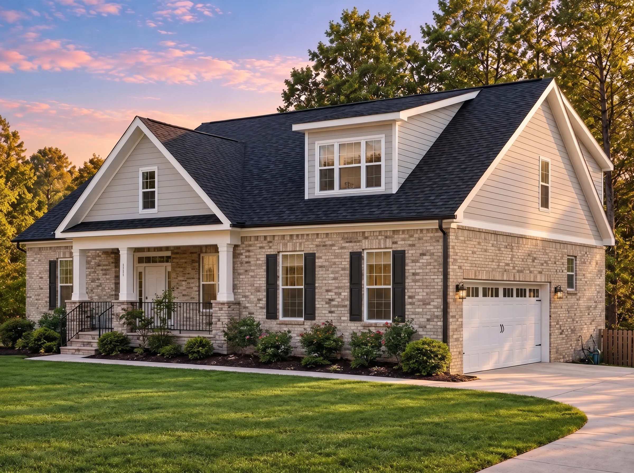Plan  19-2021 – Carolina Sandhills |  Traditional Farmhouse – 3-Bed, 3.5-Bath, 2,408 SF - Natural Brick, AI-generated exterior concept