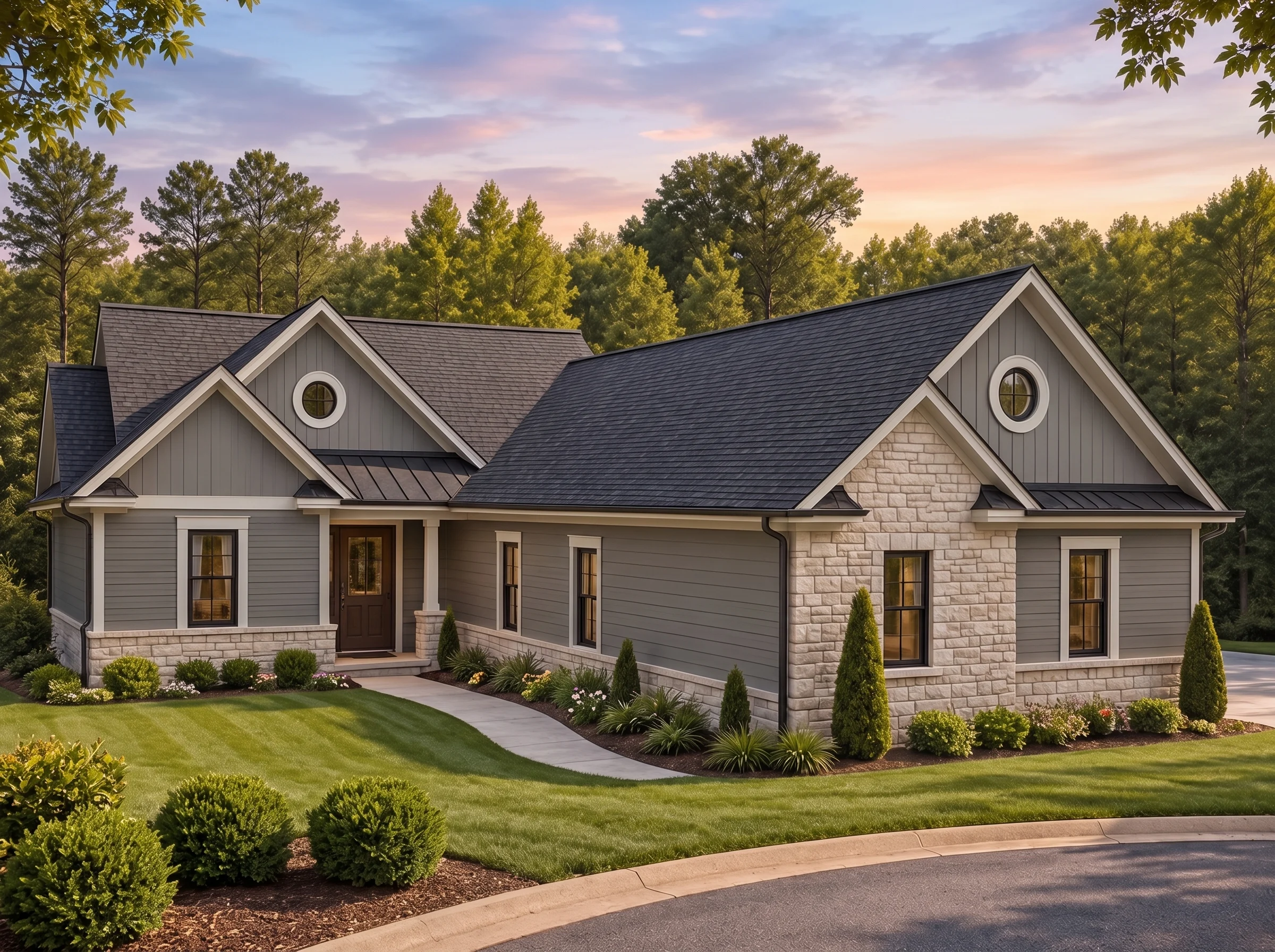 Plan  19-2151 – Aster Bluff Hall |  Traditional Ranch – 4-Bed, 4-Bath, 4,850 SF - Warm Charcoal, AI-generated exterior concept