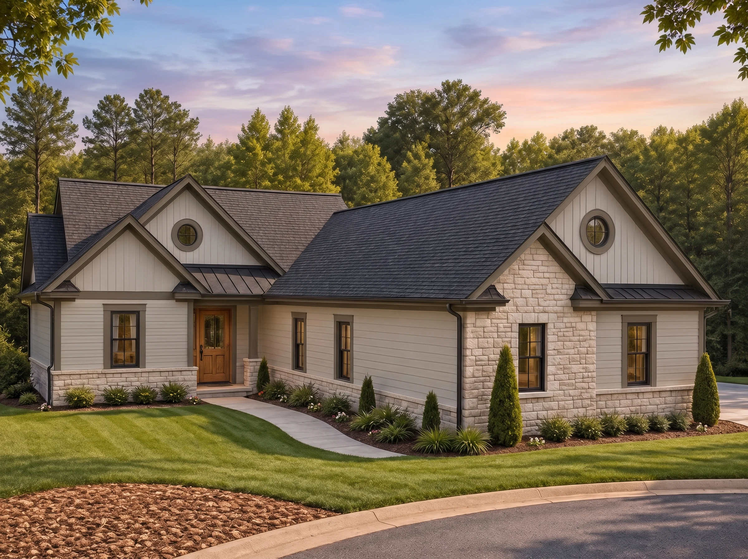 Plan  19-2151 – Aster Bluff Hall |  Traditional Ranch – 4-Bed, 4-Bath, 4,850 SF - Mushroom Taupe, AI-generated exterior concept