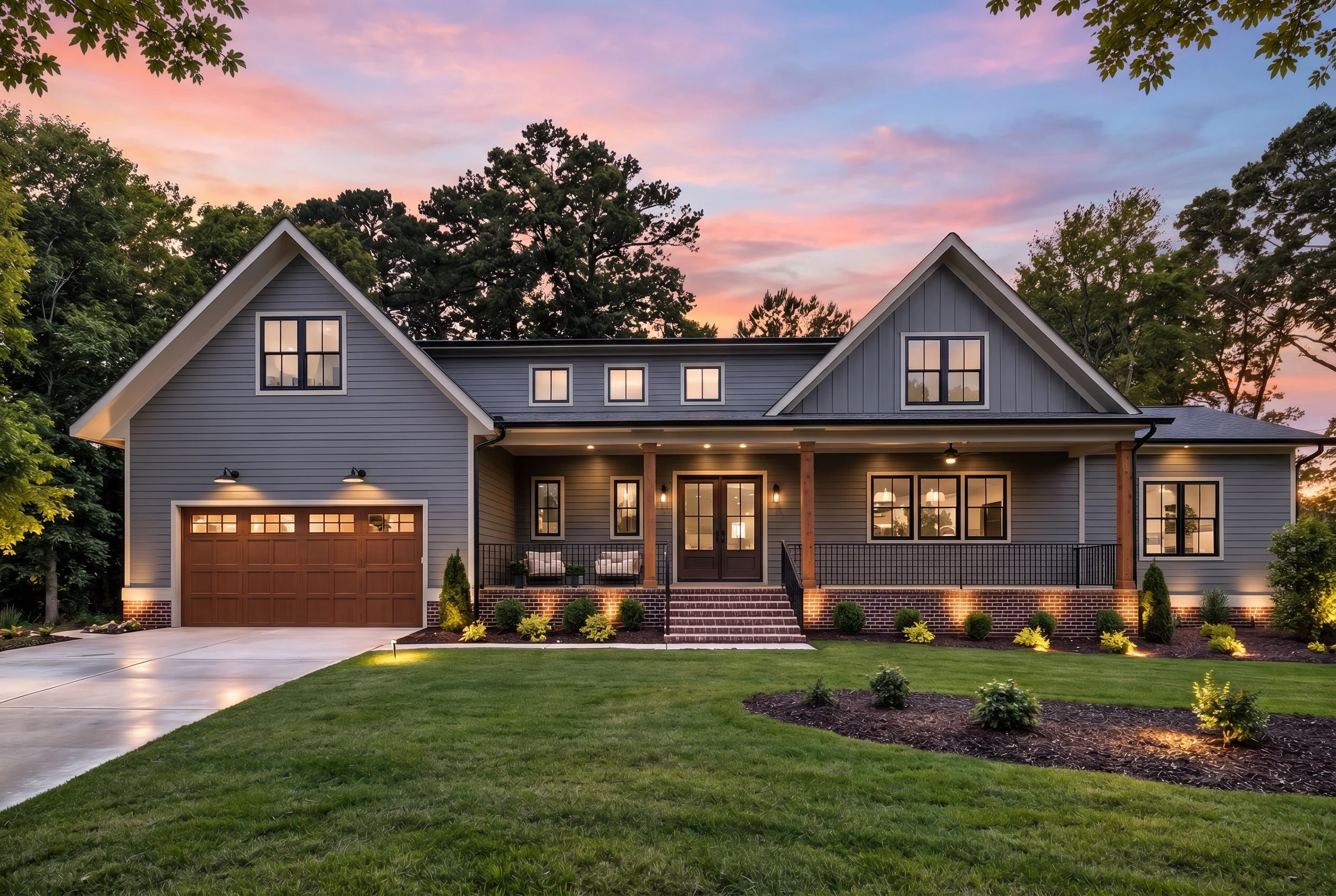 Plan  19-2102 – Aster River Place |  Modern Farmhouse – 4-Bed, 3.5-Bath, 3,627 SF - Warm Charcoal, AI-generated exterior concept